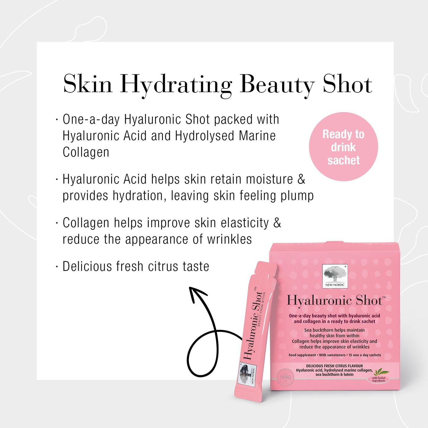 New Nordic Hyaluronic Shot | Hyaluronic Acid with Marine Collagen Supplement | to Improve Skin Elasticity and Reduce Wrinkles | Ready to Drink Fresh Citrus Flavour | 15 Sachets