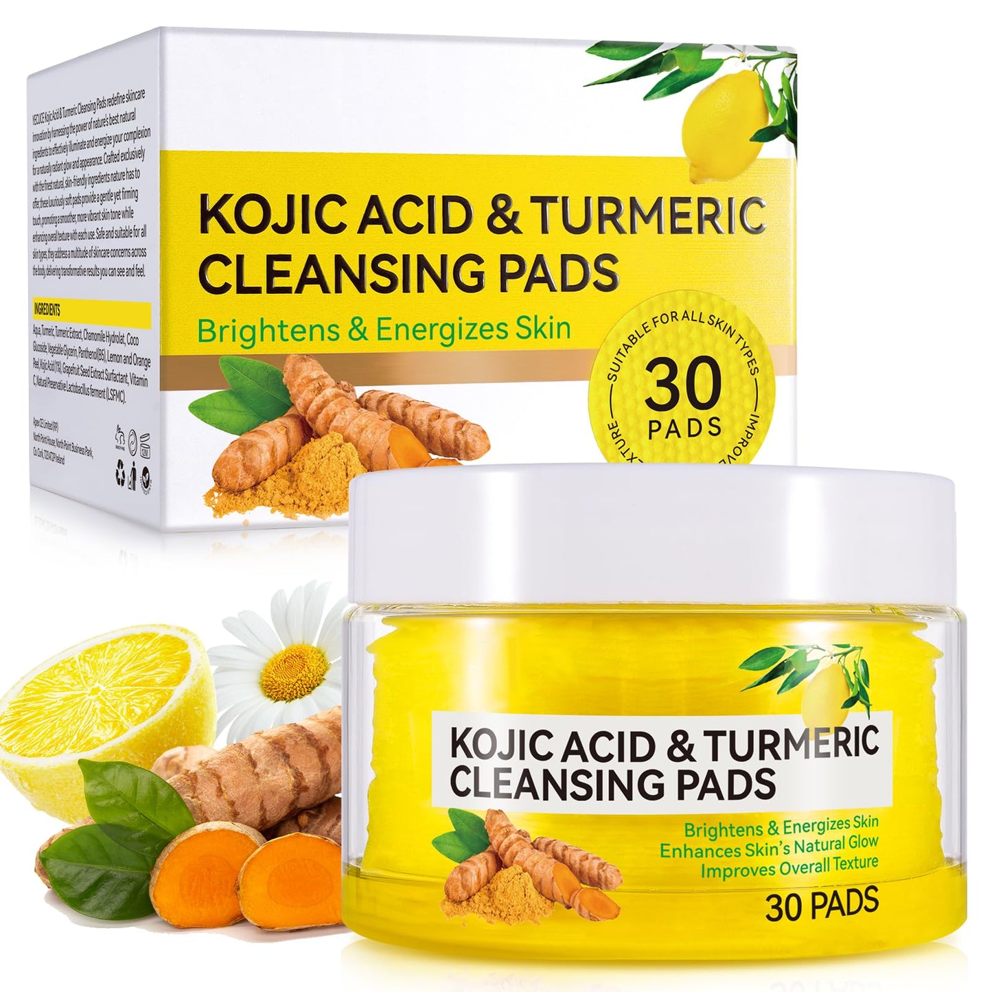 Uocasi Kojic Acid & Turmeric Cleansing Pads, Turmeric Exfoliating Foaming Pads with Panthenol Vitamin B5, Resurfacing Pads for Face & Body,Fades Dark Spots, Fades Discoloration, Facial Sponges - 30Pcs