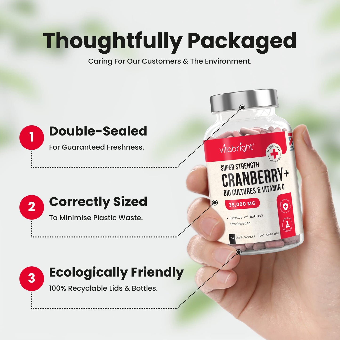 Cranberry Capsules 35,000mg High Strength - with Probiotics/Bio Cultures and Vitamin C - 150 Capsules - Advanced Cranberry Extract Supplement - Made in UK by VitaBright