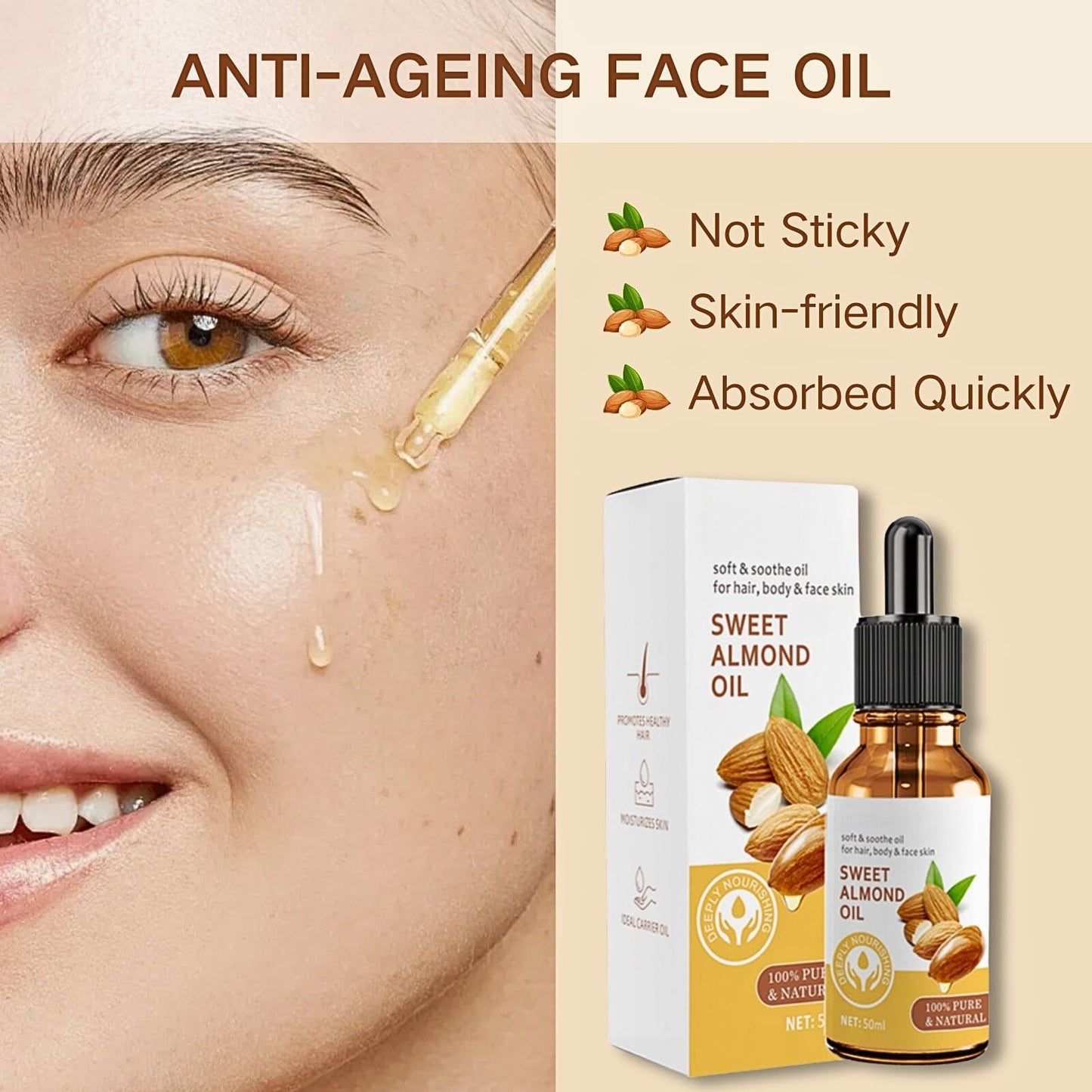 Trendyfave Sweet Almond Body Oil, Pure Almond Oil 100% Pure & Natural, Moisturising Facial Oil for Hair and Face Care, Almond Oil for Nourishes Skin, Hair & Nails, Body Massage Oil - Travel Size