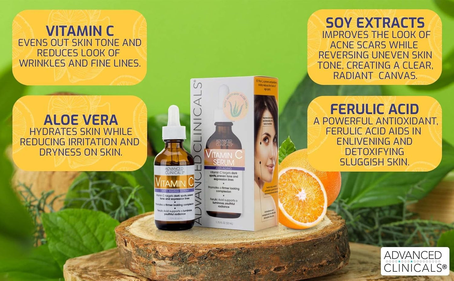 Advanced Clinicals Brightening Vitamin C Face Serum Anti Aging Eye Serum | Potent Vitamin C Face Moisturizer Acne Facial Serum For Dark Spot Treatment, Wrinkle Repair, & Uneven Skin Tone, 1.75 Fl Oz