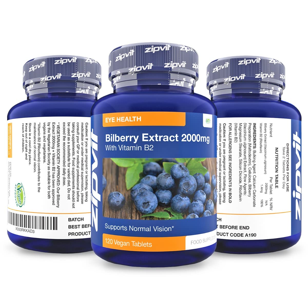 Bilberry Extract 2000mg with Added Vitamin B2, 120 Vegan Tablets. Supports Normal Vision. Vegetarian Society Approved. UK Supplier