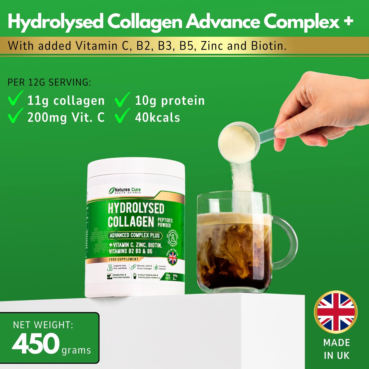 Natures cure Premium Collagen Powder Complex – Bovine Collagen Peptides 450g- Enriched with Essential B Vitamins, Vitamin C, Zinc & Biotin – Pure Hydrolysed Collagen Supplement – by Natures Cure
