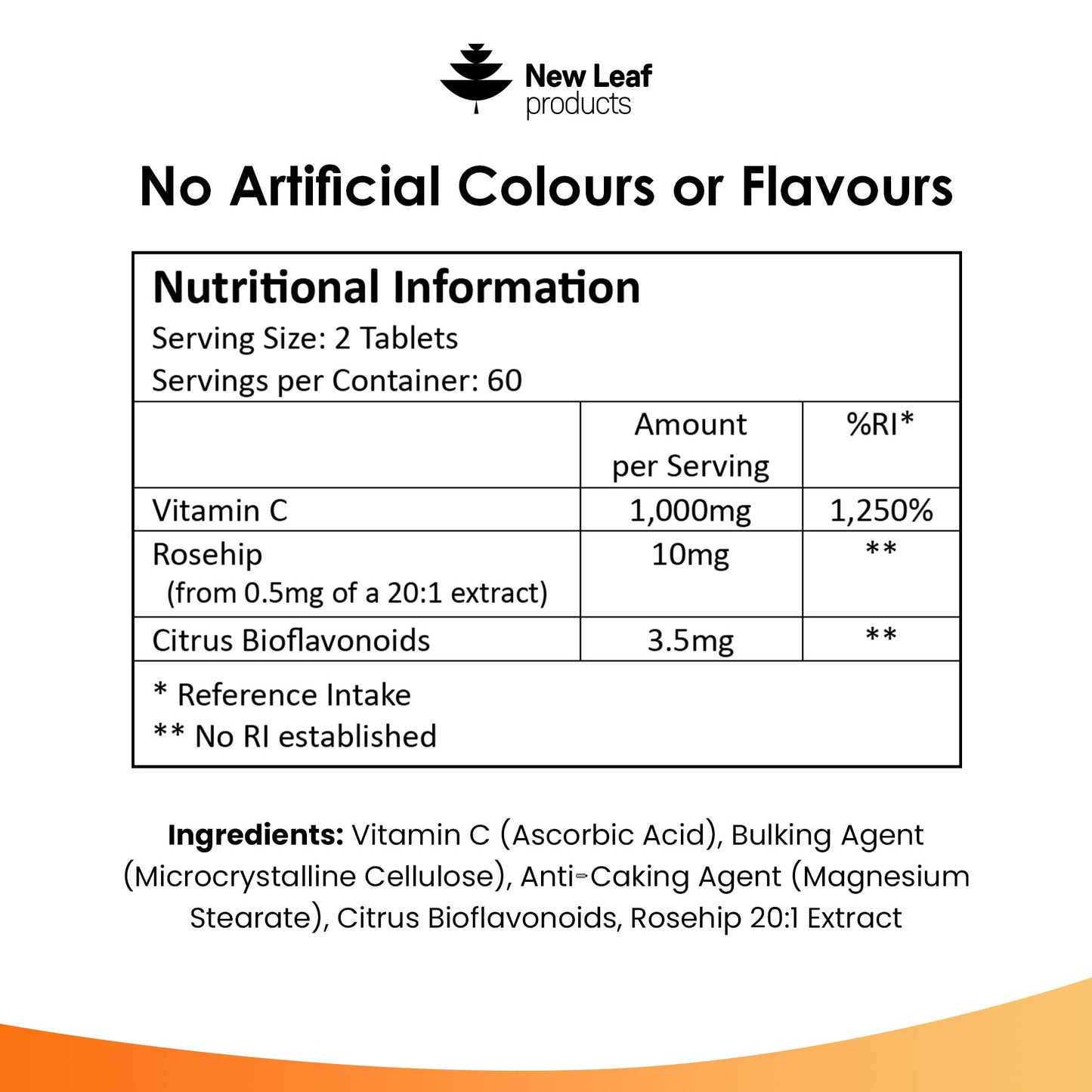 NEW LEAF PRODUCTS Vitamin C Tablets 1000mg - Enriched with Bioflavonoids & Rosehip - Premium Vitamin C Supplements - Vegan Tablets High Strength Ascorbic Acid VIT C for Normal Immune System UK Made