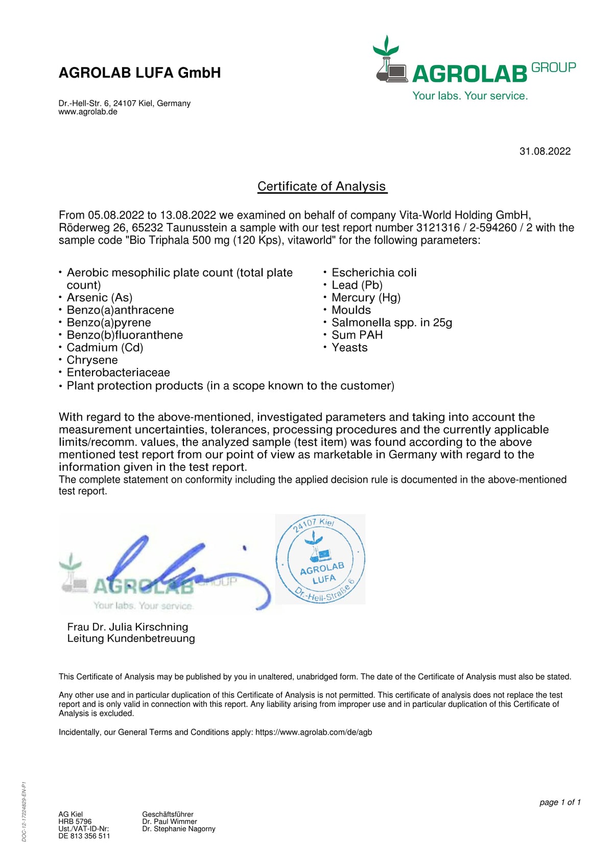Vita World Organic Triphala 500 mg 120 Capsules, Herbal Blend Tripod, Amalaki, Bibhitaki and Haritaki Vegan Made in Germany - with Analysis Certificate