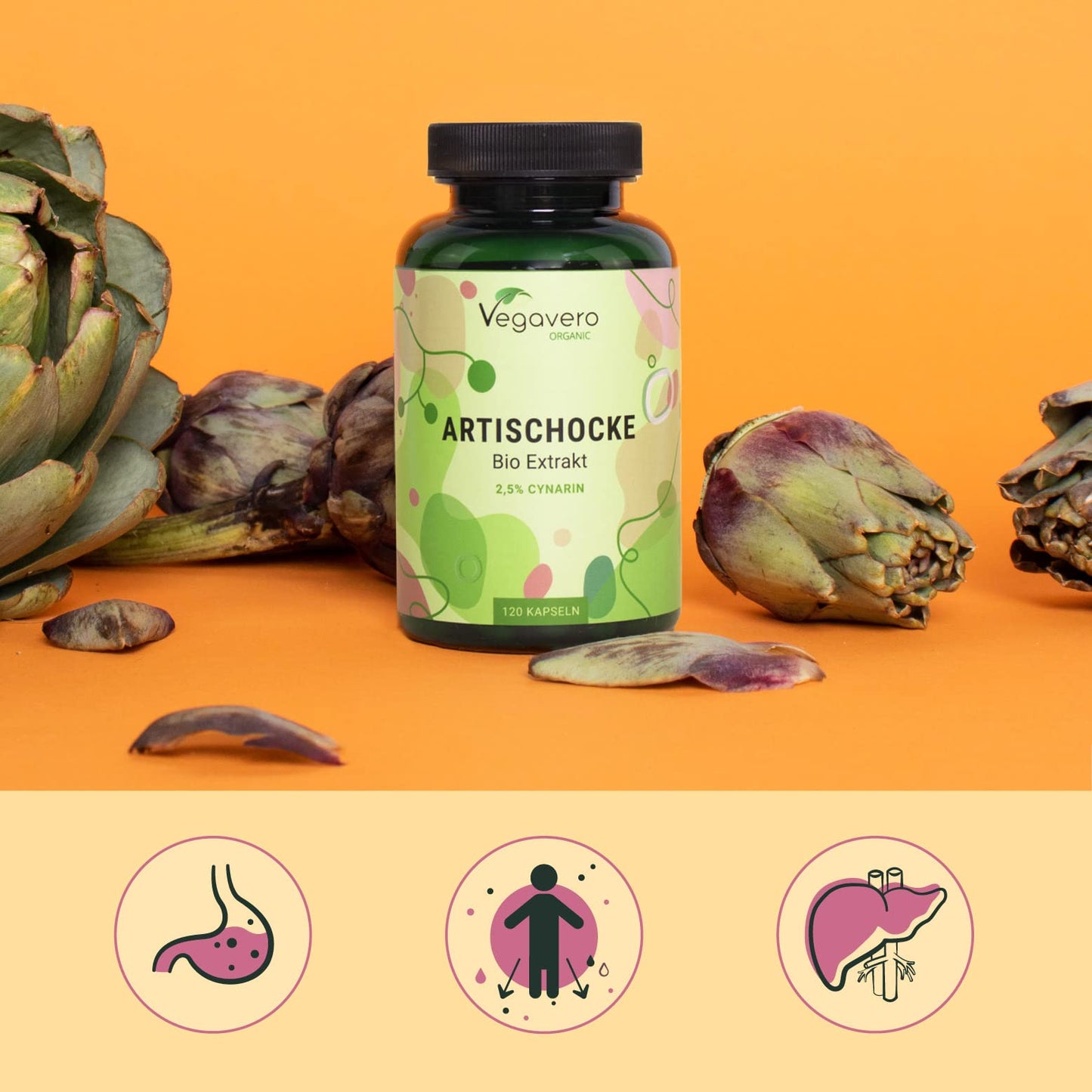 Vegavero Organic Artichoke 40,000 mg 20:1 High Strength Extract | Without Leaf Fibre or Inulin | 2.5% Cynarin | NO Additives, Lab-Tested | 120 Capsules | Vegan