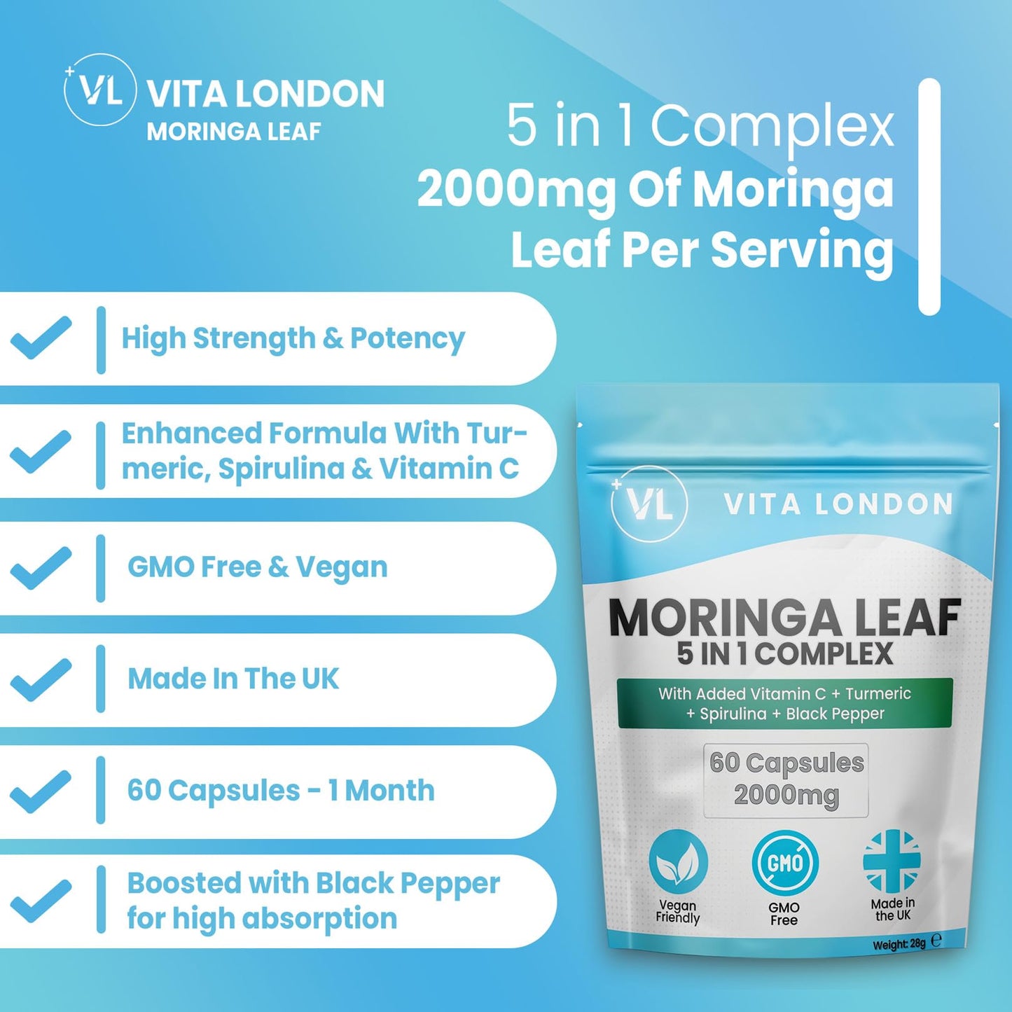 VL Vita London Moringa Leaf Capsules 2000mg | Added Vitamin C + Turmeric + Spirulina + Black Pepper | High Strength Supplements for Men & Women | 120 Vegan Capsules (Not Powder, Tablets of Gummies)