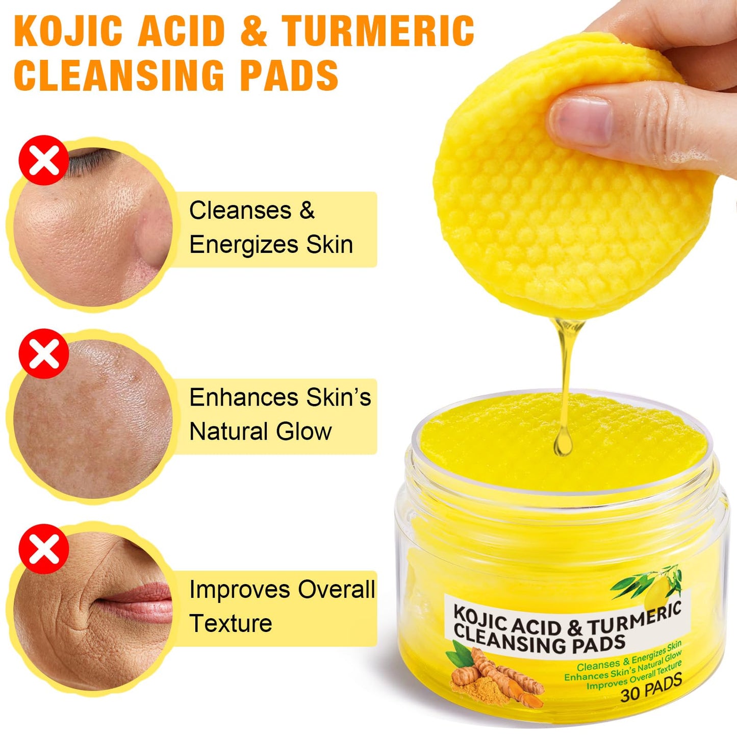 Kojic Acid and Turmeric Pads,Turmeric kojic Acid Pads for Face, Turmeric and Kojic Acid Cleansing Pads,Turmeric Cleansing Pads for Dark spots, Exfoliating, Acne Scars (30 PCS)