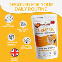 Red Label Health Turmeric Tablets 2620 mg with Black Pepper & Ginger, 400 Count High Strength Curcumin Supplements, Not Turmeric Capsules, Vegan and Gluten Free, UK Made