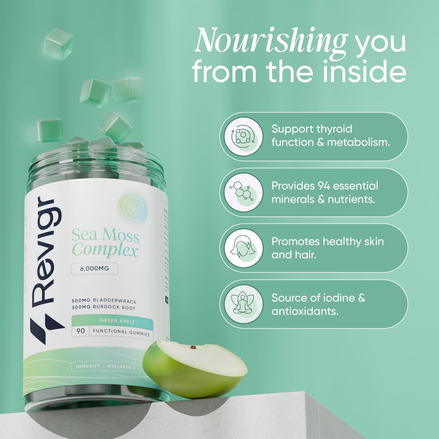 Revigr, Max 6000mg, 90 Sea Moss Gummies, Added 500mg Bladderwrack & 300mg Burdock Root, Immune & Gut Support, Vegan & Sugar-Free, Green Apple Flavour (1 Month Supply)