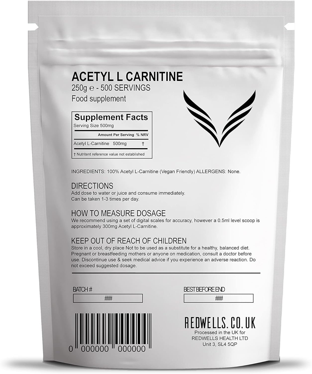 Acetyl L-Carnitine Powder (ALCAR) REDWELLS Premium Quality Vegan (250g)