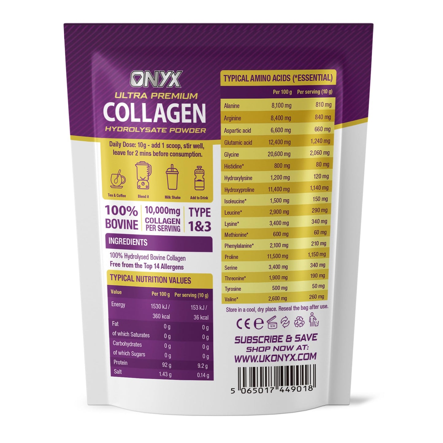 ONYX INGREDIENTS 101 Premium Collagen Powder (Type I, III) Hydrolysed Bovine Collagen Peptides Powder - Halal Certified - 19 Amino Acids - High Levels of All 8 Essential Amino Acids & BCAAs - 150g