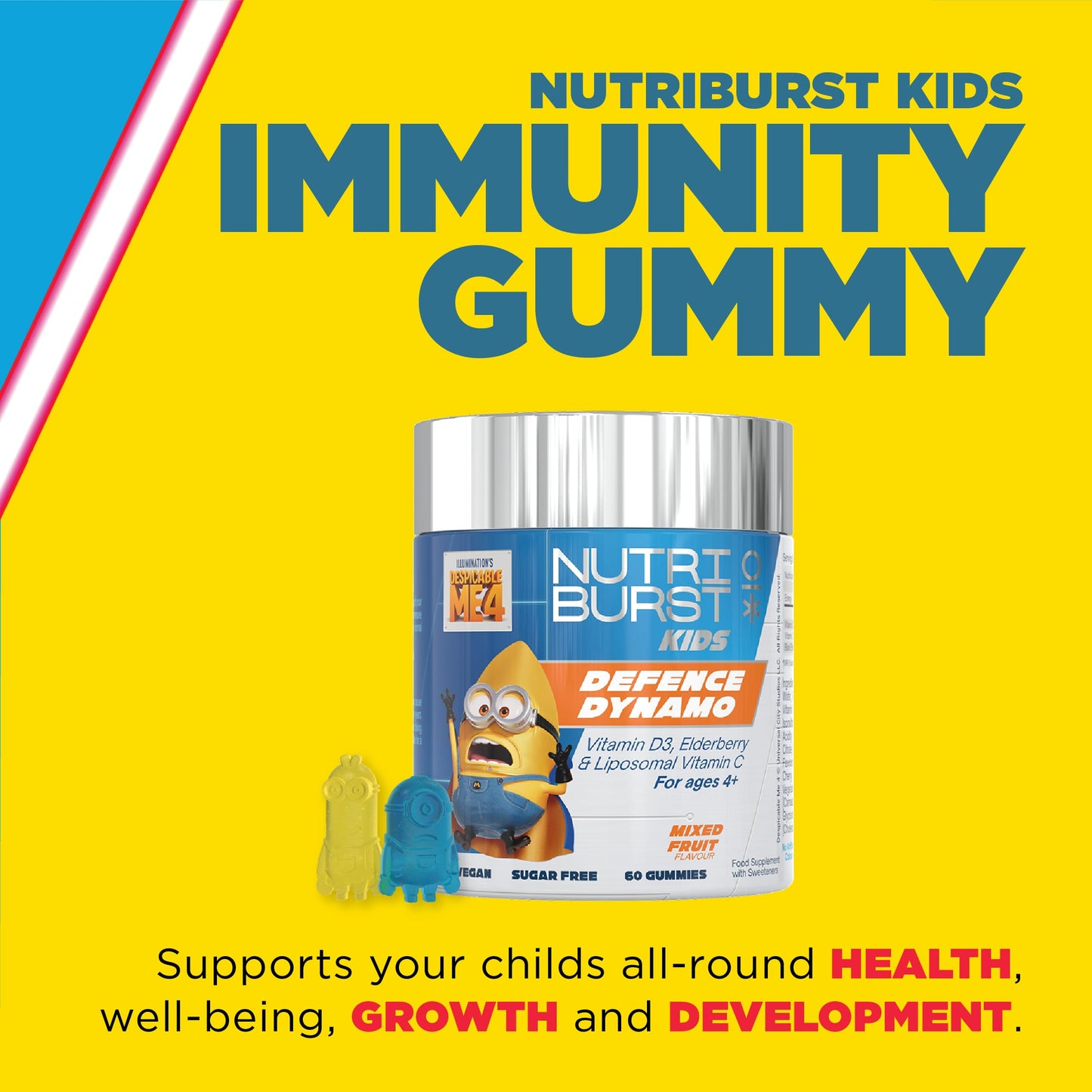 Nutriburst Minions Defence Dynamo Vitamins for Kids - Chewable Vitamins for Immunity & Energy - Vitamin D3, Vitamin C + Black Elderberry Extract - Vegan + Sugar Free - Fruity Flavour - 60 Gummies