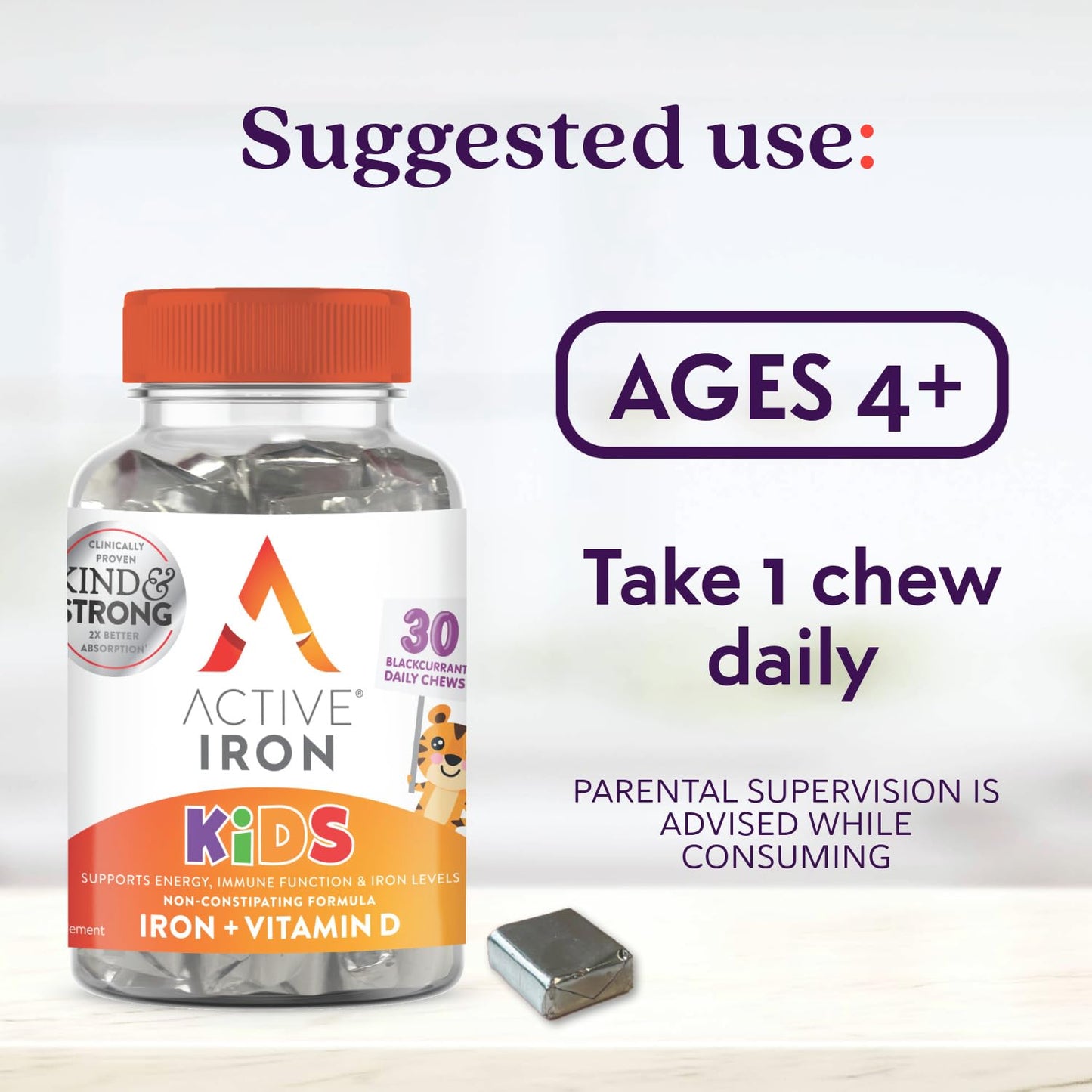 Active Iron Kids Chews, with Iron & Vitamin D, Blackcurrant Flavour, 30 Day Supply