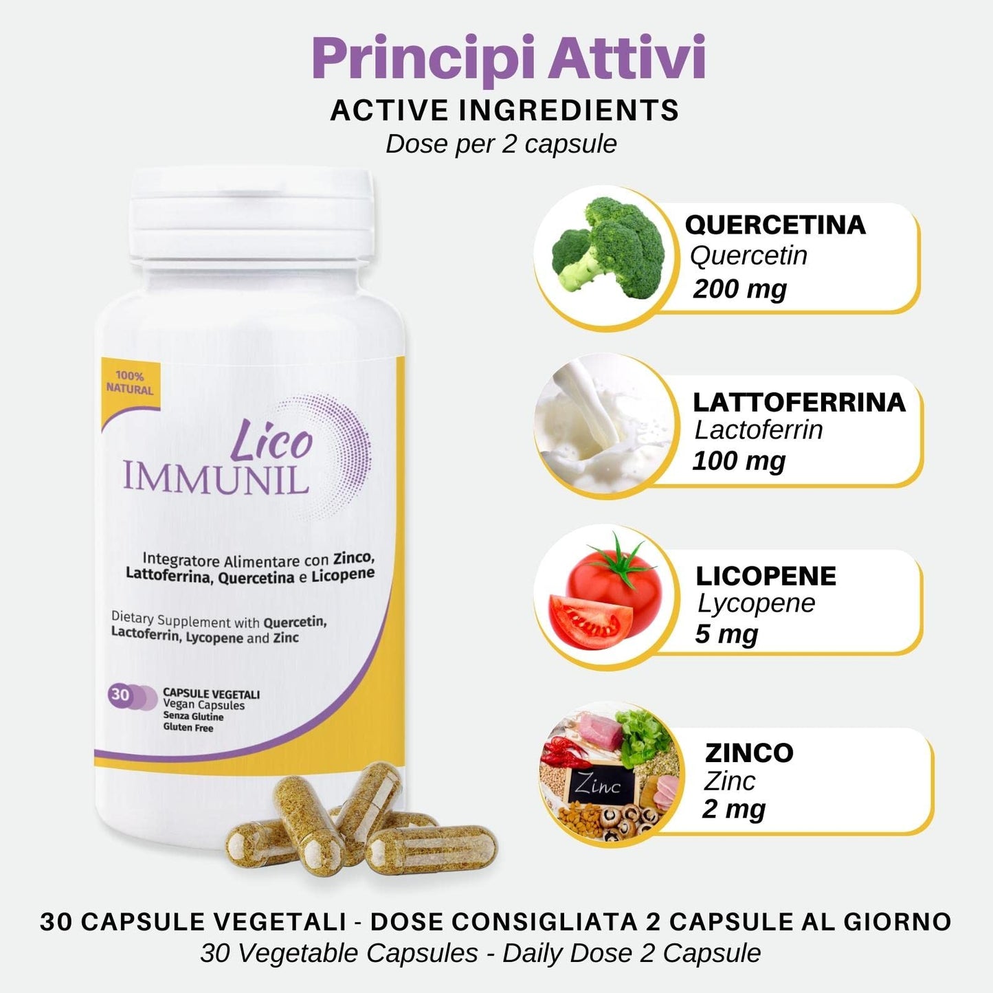 Licofarma Lico Immunil Immune System Support Supplement | Quercetin, Lactoferrin, Zinc, Lycopene | Natural Immune Support | Immune Booster | 30 Vegetables Caps