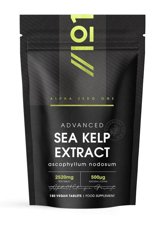 ALPHA01 Sea Kelp Extract 2520mg Tablets - 500μg Natural Iodine - 180 Vegan Tablets (6 Months Supply) - High Strength 30:1 Ascophyllum Nodosum Extract - Resealable and Recyclable Pouch by Alpha01
