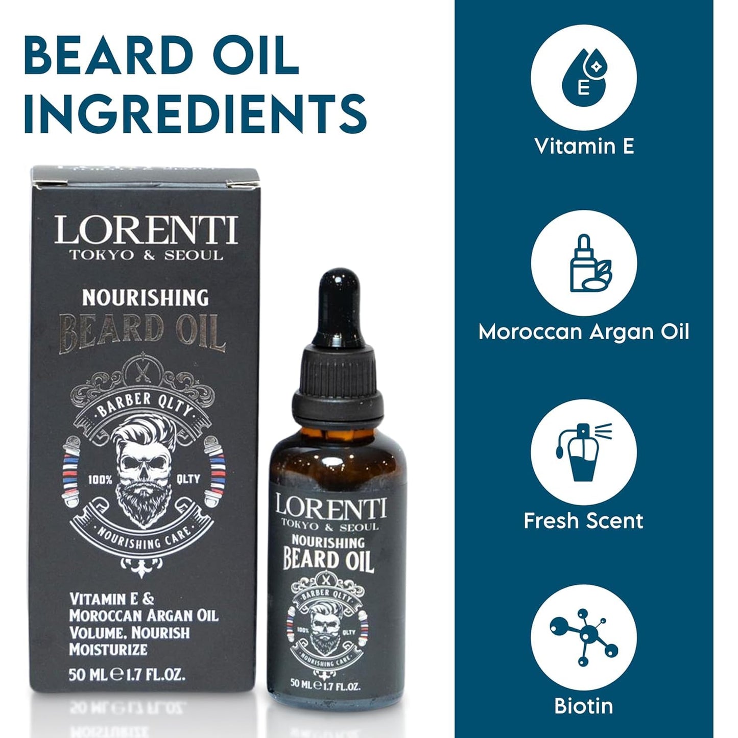 Lorenti Premium Beard Oil 100% Natural Beard Conditioner & Organic Moroccan Argan | Vitamin E Beard Oils Helps Volume, Moisturize & Nourish Beard Growth 1.69 Fl Oz (50ml)