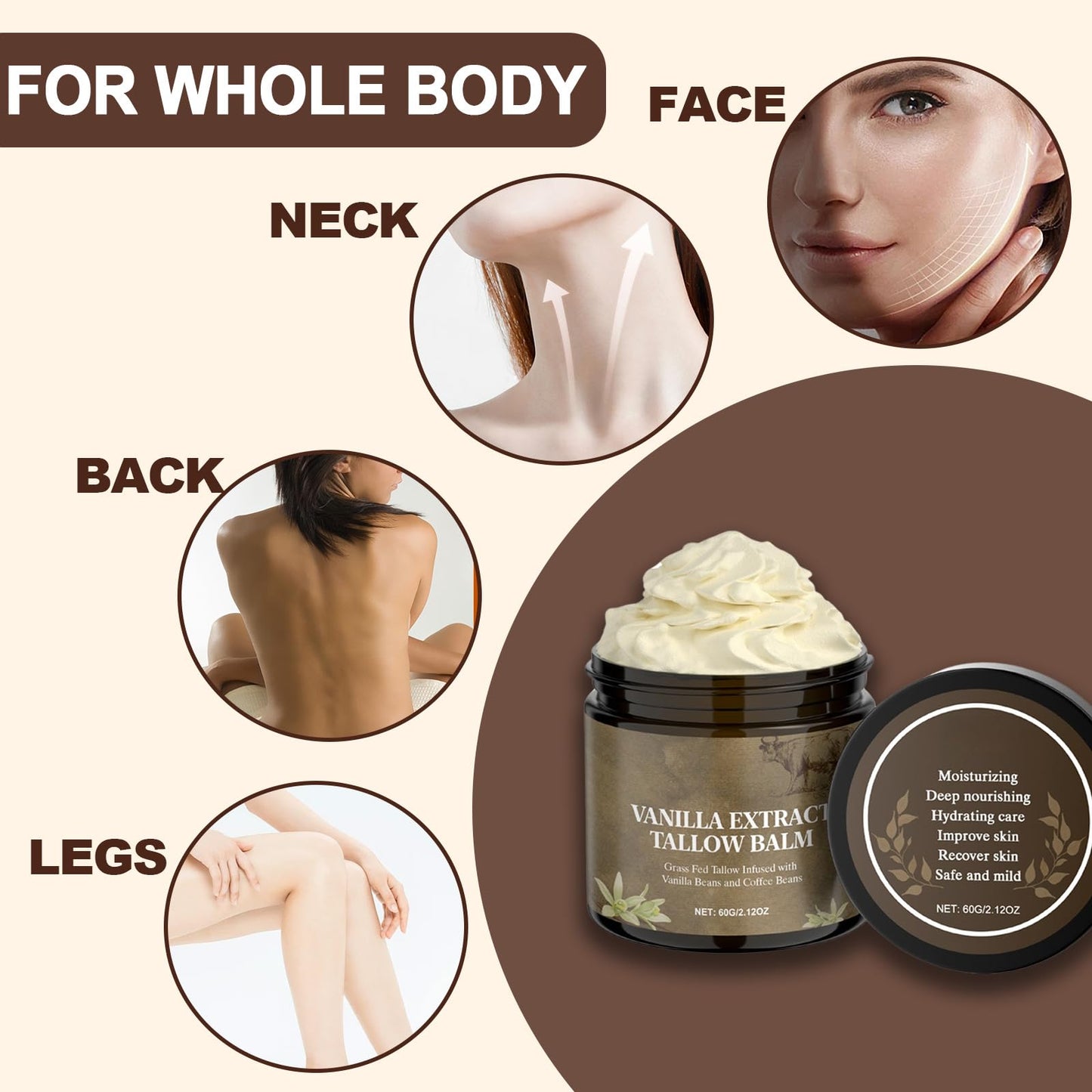Whipped Tallow Cream - Beef Tallow Moisturiser & Tallow Balm for Dry & Sensitive Skin, 100% Grass Fed Beef Tallow for Skin Care, Enriched with Vanilla Extract, Natural Nourishing for Face & Body