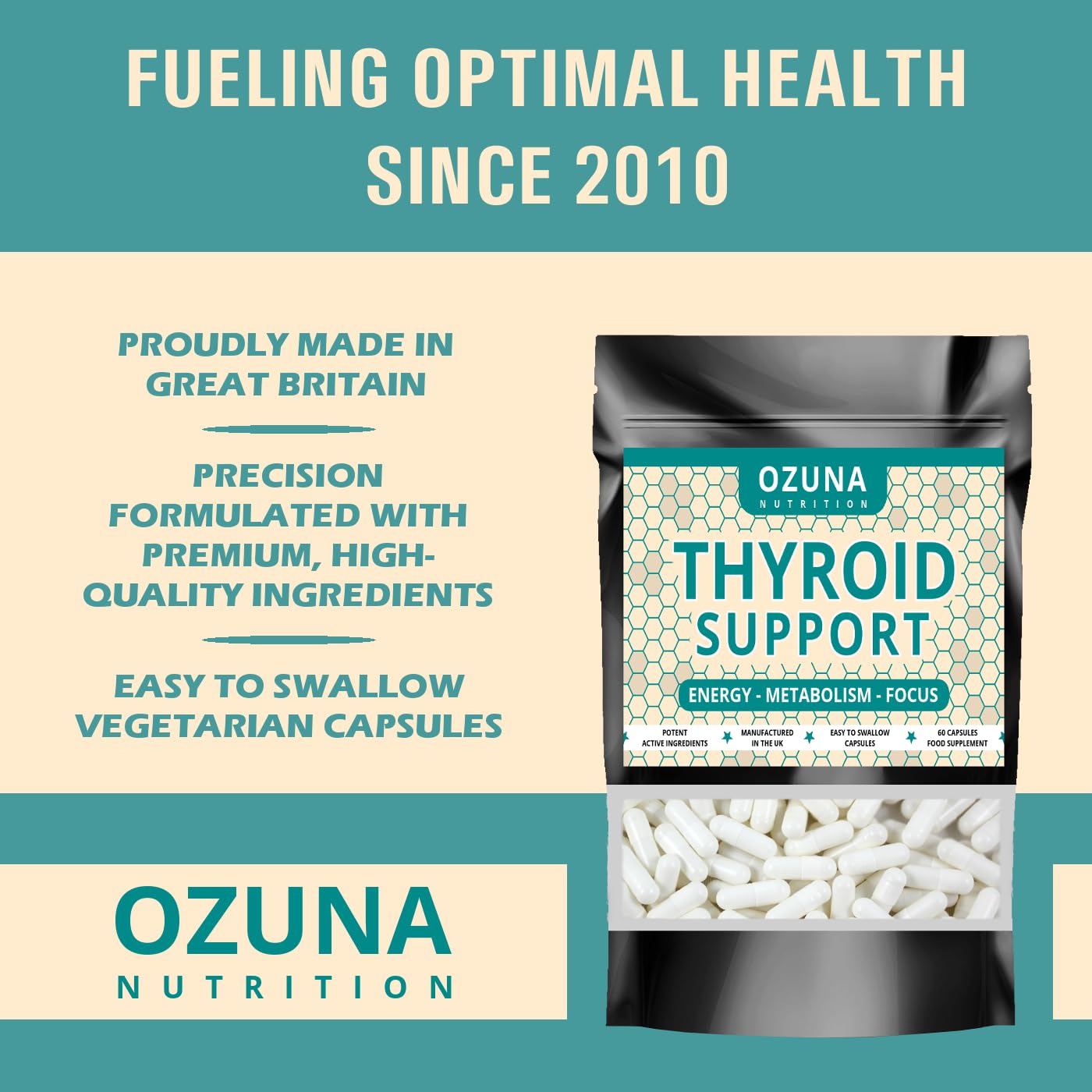 OZUNA NUTRITION Thyroid Support Supplement - 60 Vegetarian Capsules - with Myo inositol, L-Tyrosine & Natural Iodine from Kelp - Energy & Focus Formula - UK Made - 1 Month Supply