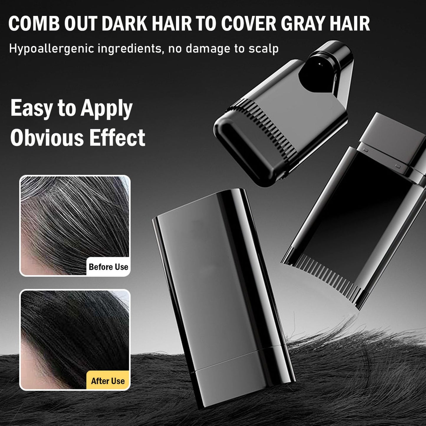 Hair Dye Comb, 2 in 1 Black Instant Hair Colour Stick with Built-in Comb, Hair Dye Stick for Gray Hair Coverage, Sweat-Proof & Portable Hair Concealer for Women & Men