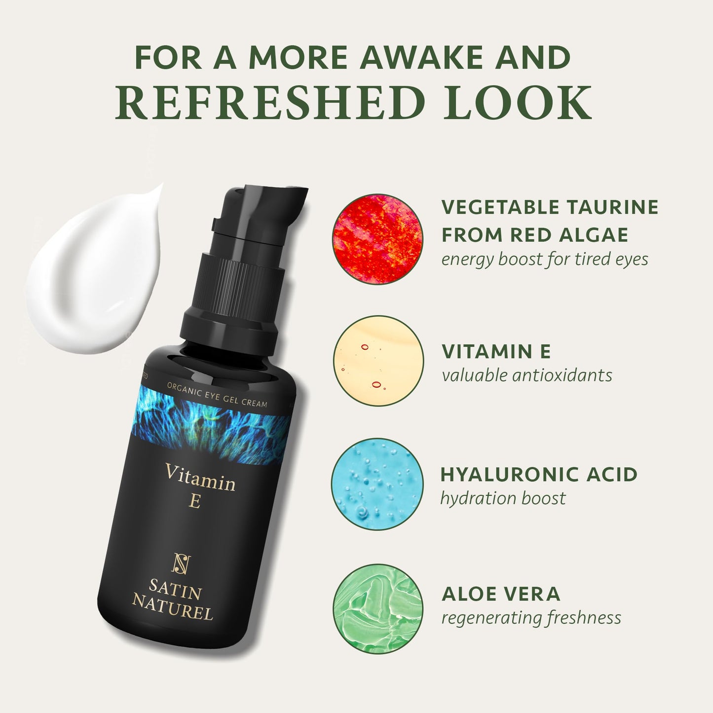 SatinNaturel Organic Eye Cream 30ml - Anti Wrinkle & Dark Circles Under Eye Treatment Women with Hyaluronic Acid, Vitamin E & Aloe Vera - Natural Face Lift & Rejuvenated Look - Eye Care Products by Satin Naturel