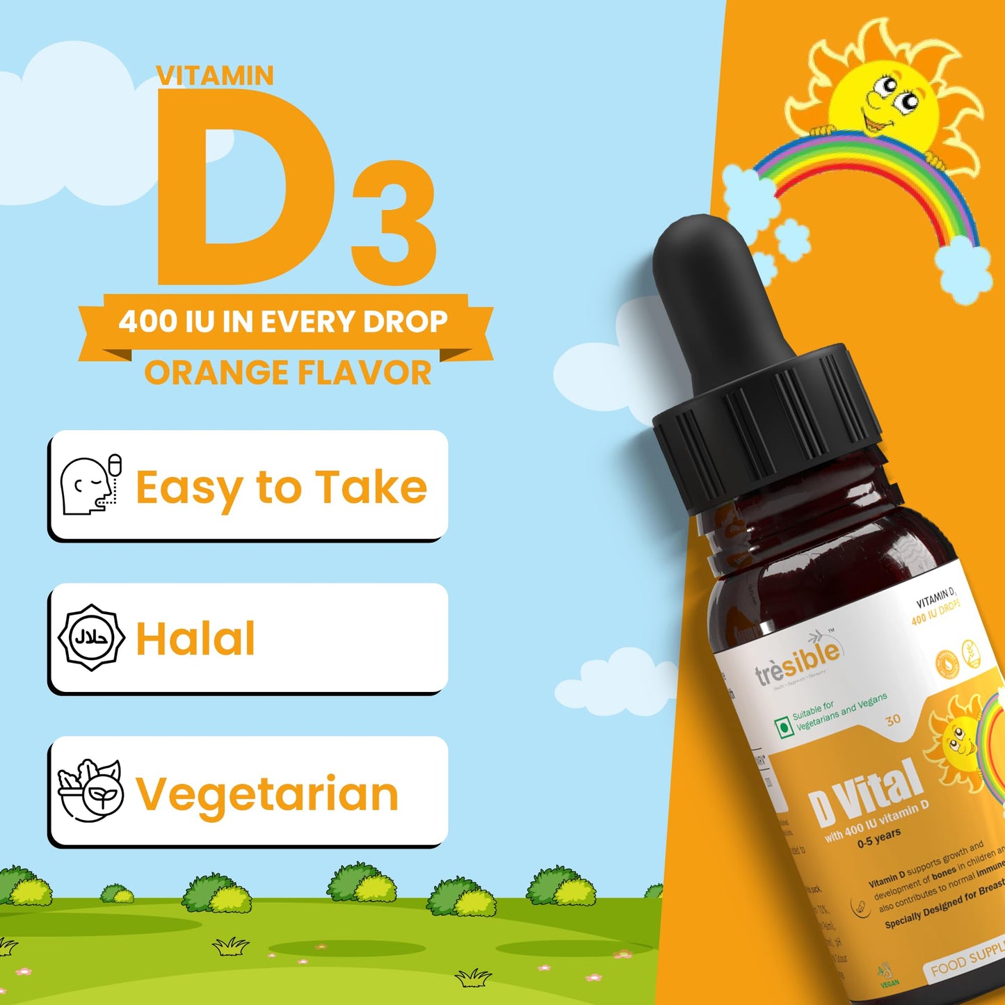 Tresible Baby Vitamins D3 Drops (1 Month Supply) - Breastfeeding Vitamins for Babies to Develop Strong Bones, Muscles & Teeth - Vegan Vitamin D Drops Baby Newborn to 5 Years - 30ml Baby Immune Support