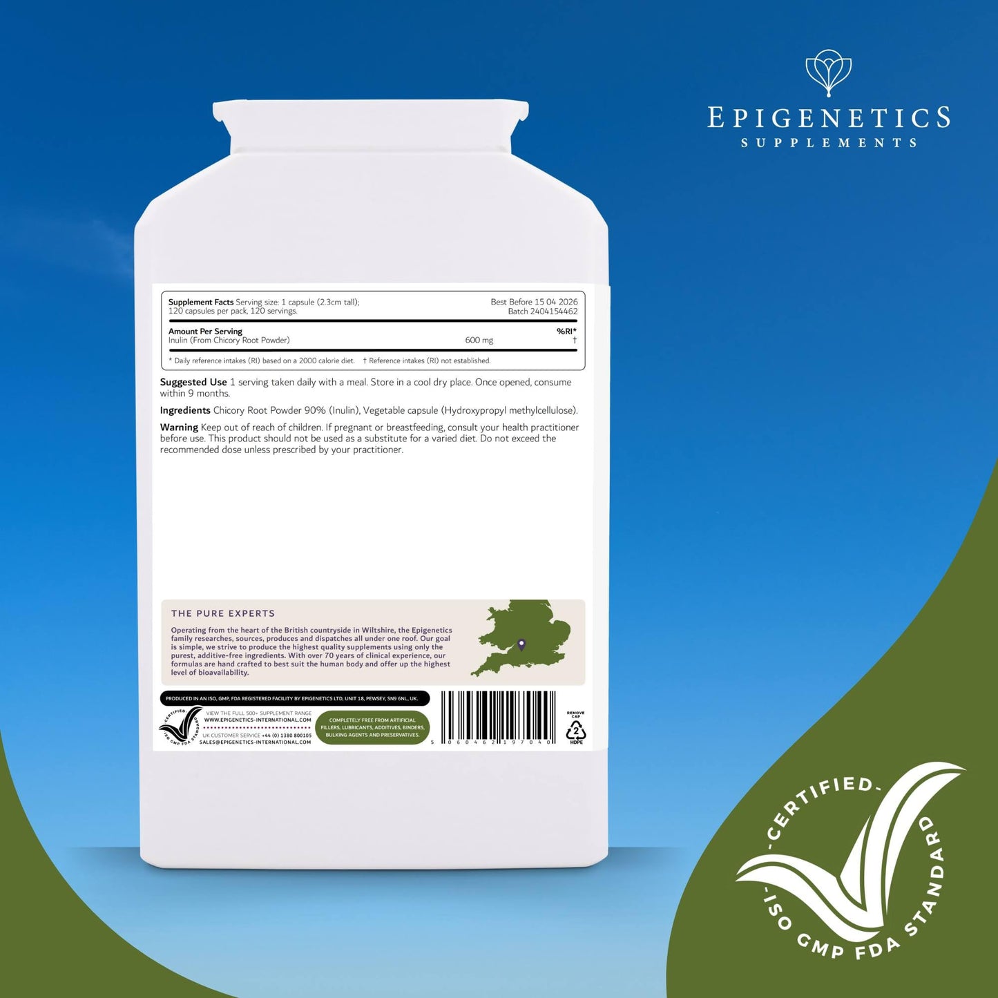 Epigenetics Inulin Fibre Supplement from Chicory Root | 120 Capsules | Prebiotic Gut Health Supplements | Increase Fibre Intake & Support Digestion | Vegan Friendly UK Made | 1 Capsule Daily 4 Months Supply