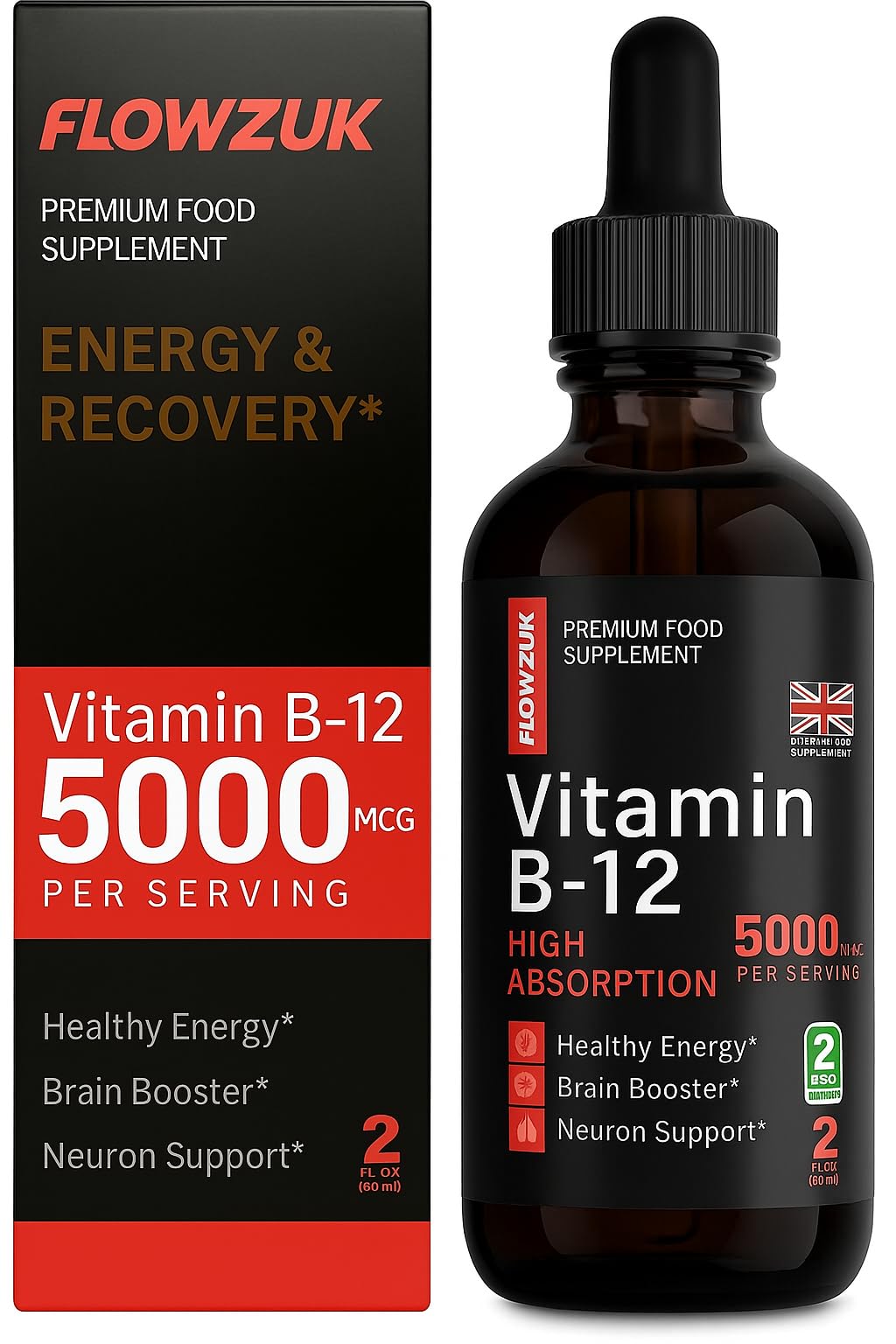 Flowzuk Vitamin B12 Liquid Drops 5000mcg – High Strength Methylcobalamin – Fast Absorbing Vegan B12 Supplement – 60ml Dropper Bottle – Gluten Free, Energy & Wellness Support