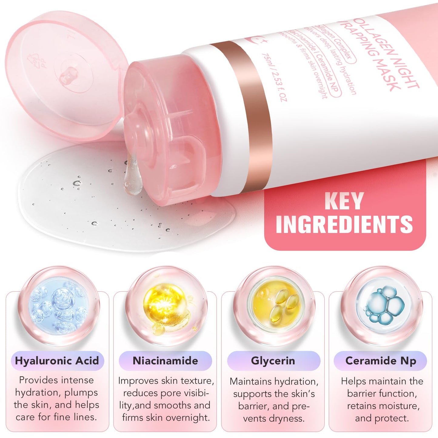 Collagen Night Wrapping Mask 75ml, Collagen Face Mask, Overnight Sleeping Mask with Hydrolysed Elasticity Visible Improved, for Dry & Dehydrated Skin, Reduce Skin Sagging & Dullness