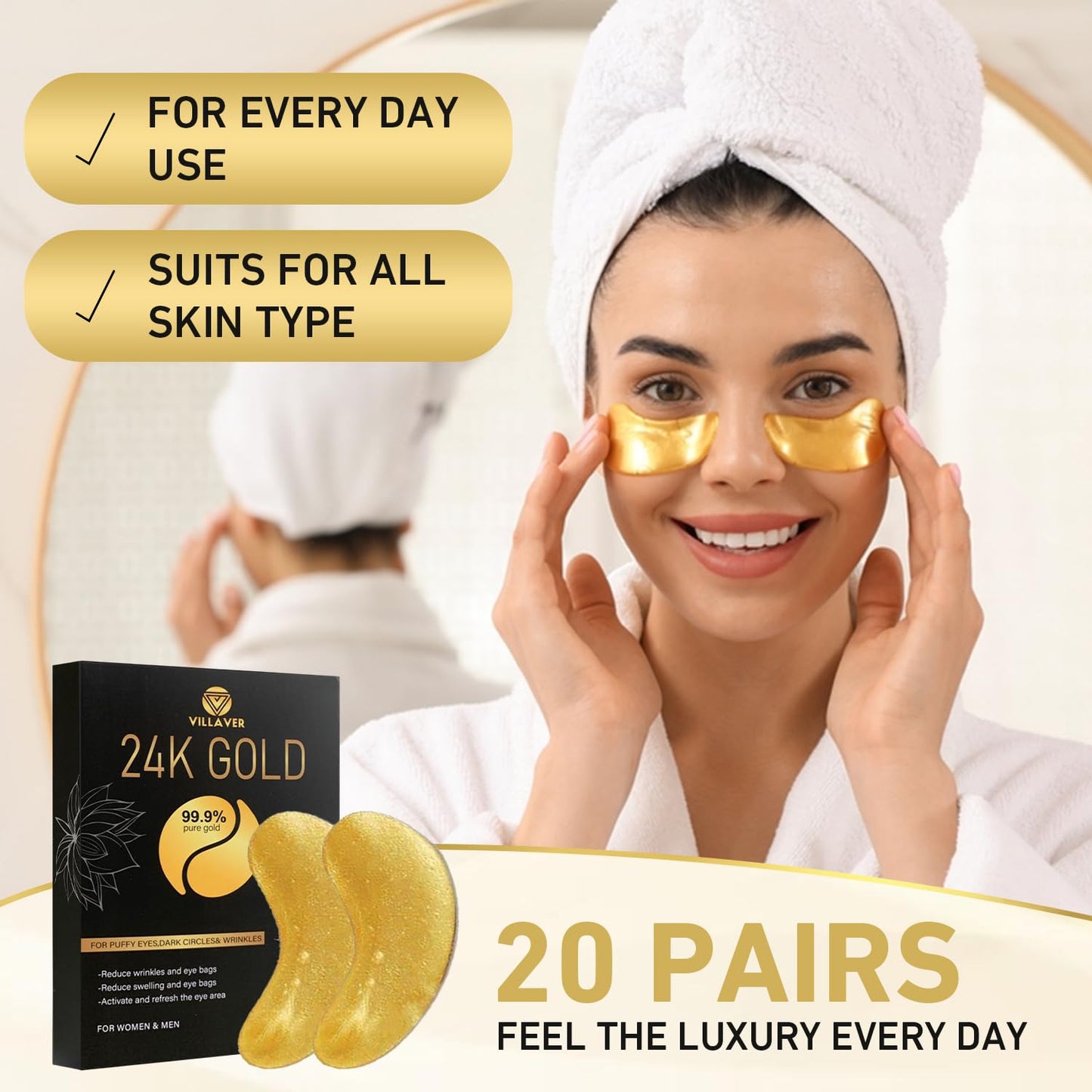 VILLAVER 24K Gold Under Eye Collagen Patches - Reduce Dark Circle,Puffiness, Wrinkles & Fine Lines - Eye Mask for Men & Women (20 Pair)