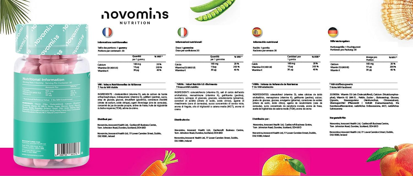 Calcium Gummies for Kids - Healthy Bones & Teeth - Vegetarian - 1 Month Supply – Chewable Childrens Calcium Supplement – 30 Chewable Kids Vitamins – Infused with Vitamin D & K2- by Novomins