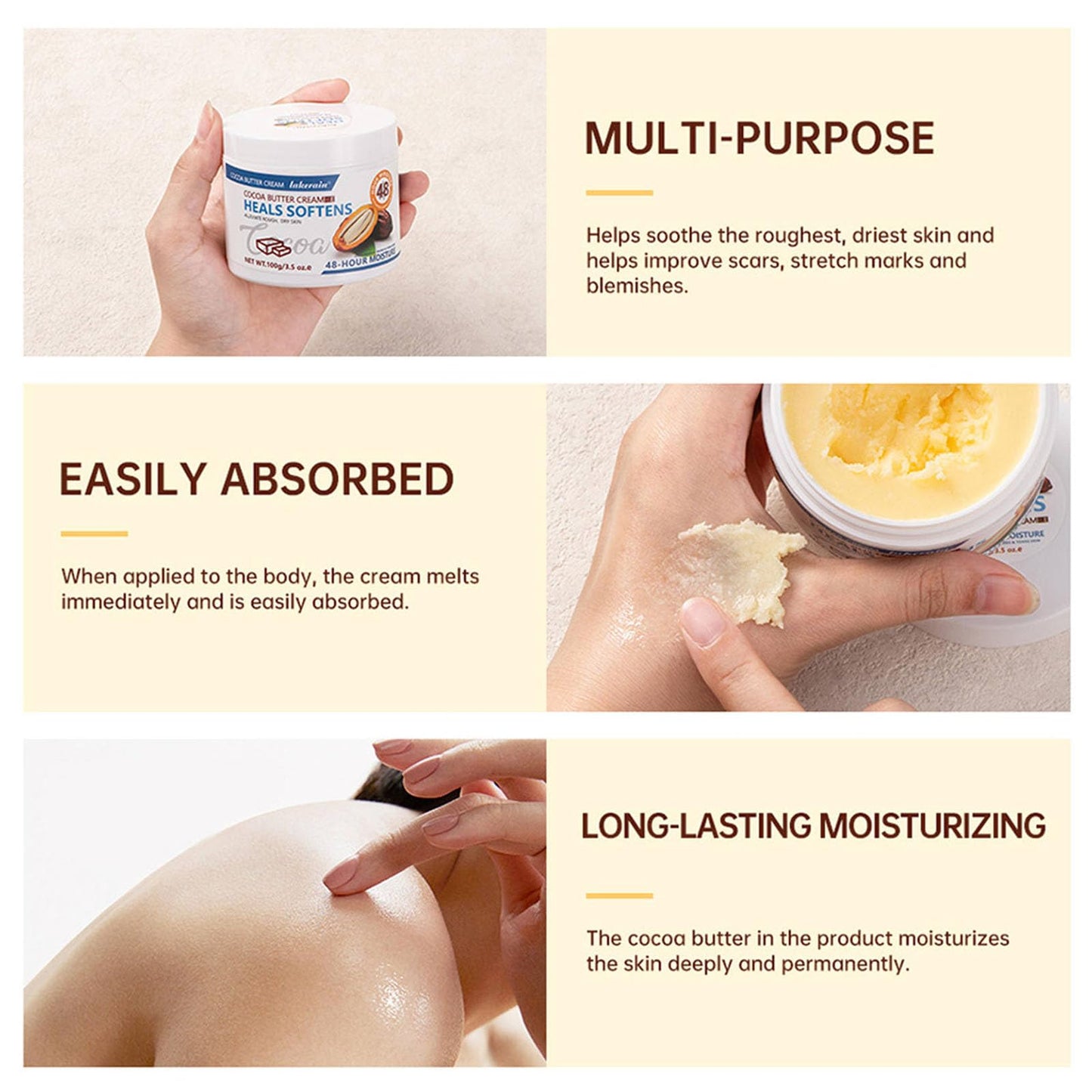 Cocoa Butter Cream for Body & Face Multi-Purpose Solid Cream Nourishes and Softens The Skin Smoothes Marks Cocoa Butter Moisturiser 100g