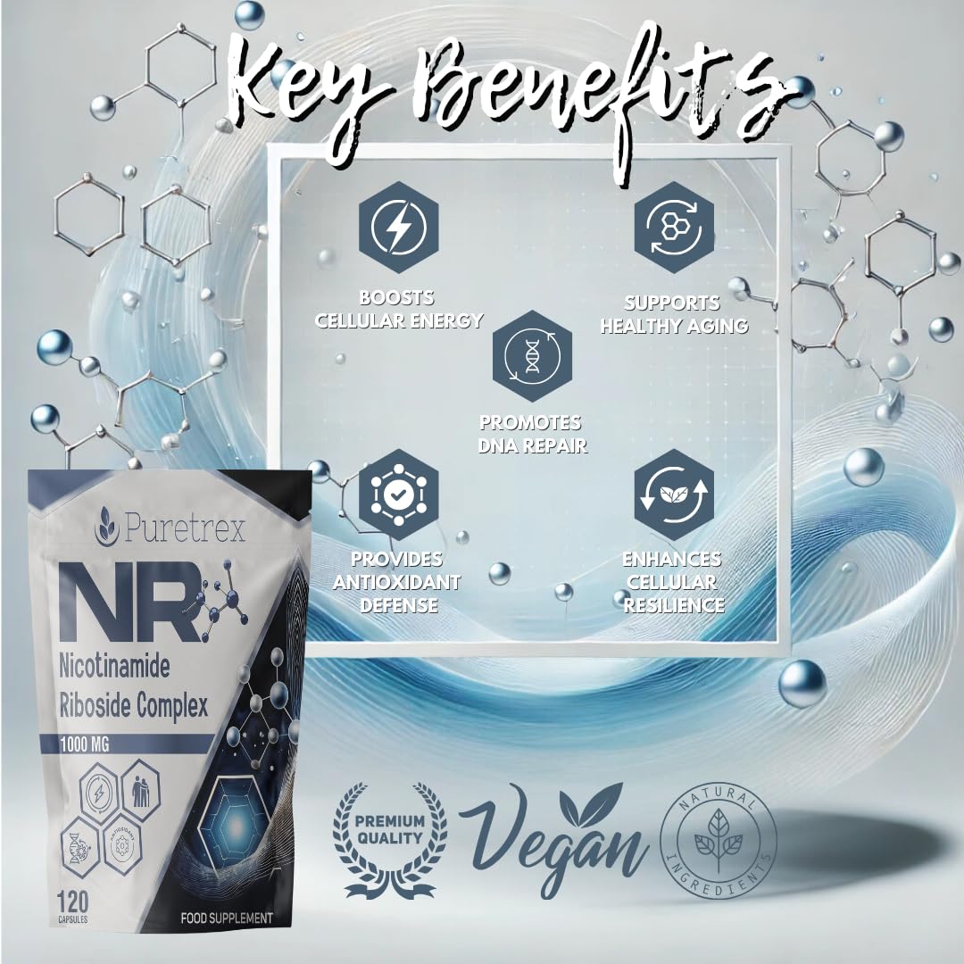 Puretrex PURETREX NR Nicotinamide Riboside Complex 1000mg - High Potency Cellular Energy & Anti-Aging Supplement - Supports Cellular Health & Antioxidant Defense - 120 Vegan Capsules