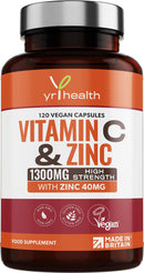 Vitamin C 1300mg and Zinc 40mg High Strength - VIT C and Zinc for Maintenance of Normal Immune System - 120 Vegan Capsules not Tablets - 2 per Daily Serving - Made in The UK by YrHealth