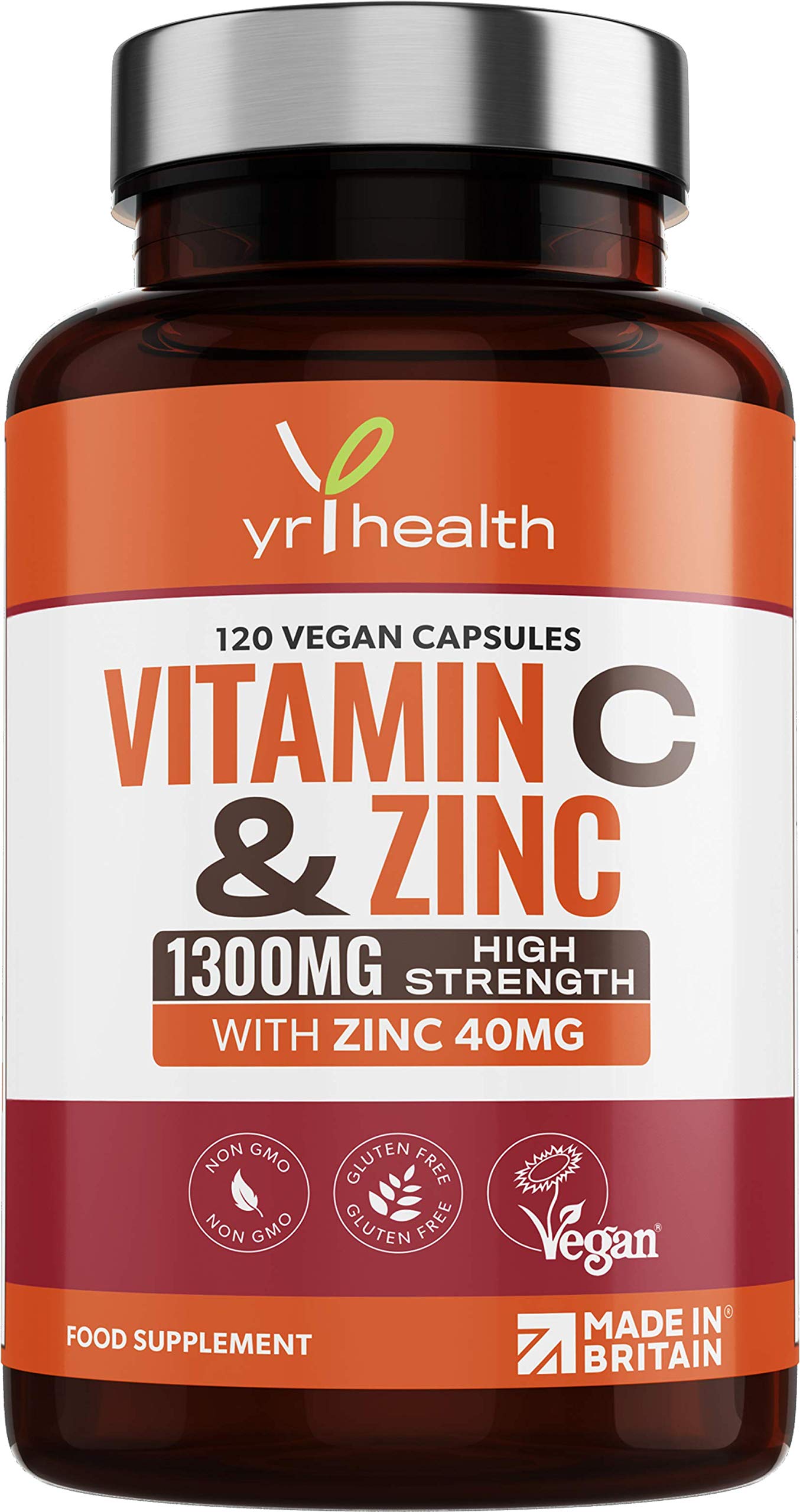 Vitamin C 1300mg and Zinc 40mg High Strength - VIT C and Zinc for Maintenance of Normal Immune System - 120 Vegan Capsules not Tablets - 2 per Daily Serving - Made in The UK by YrHealth