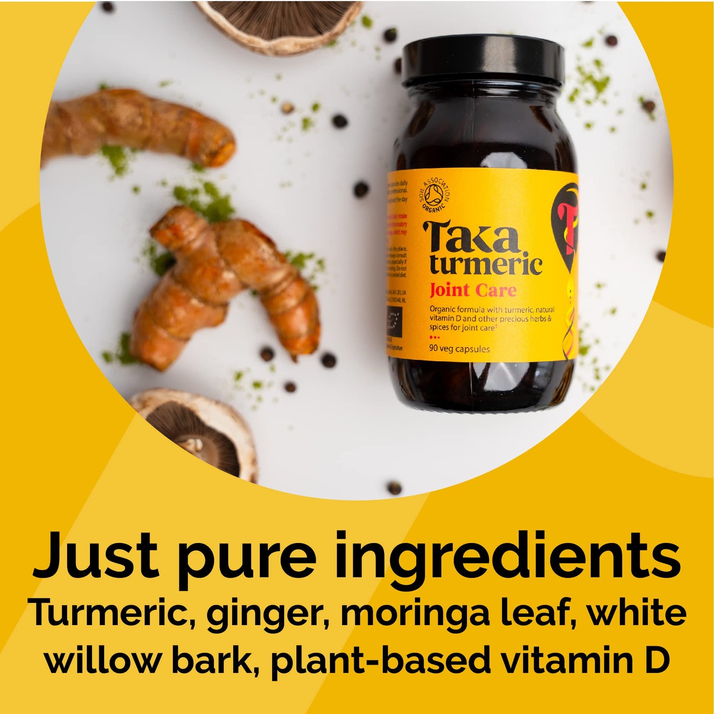 Taka Turmeric, 90 Caps Organic Joint Care Supplements with Turmeric Black Pepper Extract Vitamin D & Ginger, Organic Turmeric Ginger and Black Pepper Capsules, Vegan, Recyclable Packaging