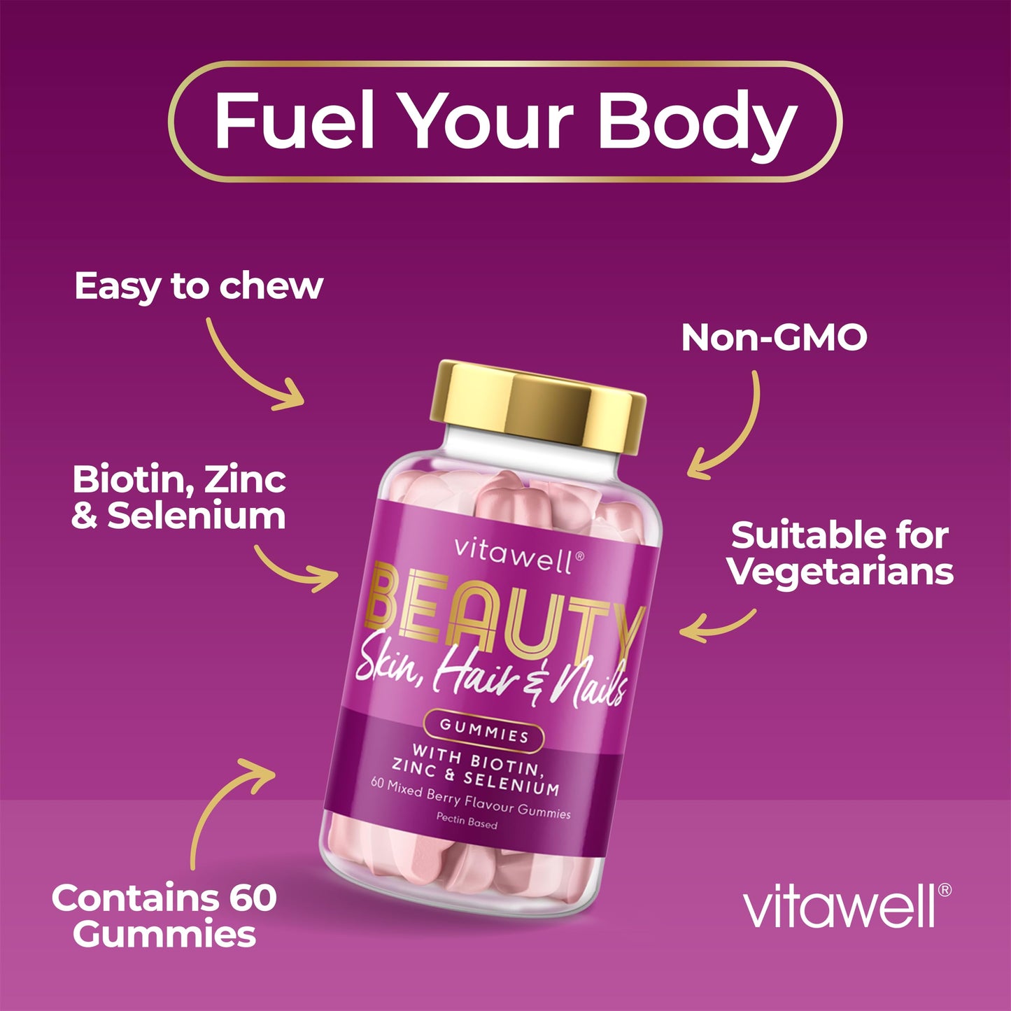 Vitawell Beauty Shine & Glow Gummies | Support for Hair Growth + Skin + Nails Vitamins Chews | Complex Formula Biotin, Zinc, Selenium & Vitamin E | 60 Sweet Berry Flavour | | Multivitamin Gummies