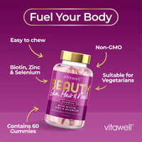 Vitawell Beauty Shine & Glow Gummies | Support for Hair Growth + Skin + Nails Vitamins Chews | Complex Formula Biotin, Zinc, Selenium & Vitamin E | 60 Sweet Berry Flavour | | Multivitamin Gummies