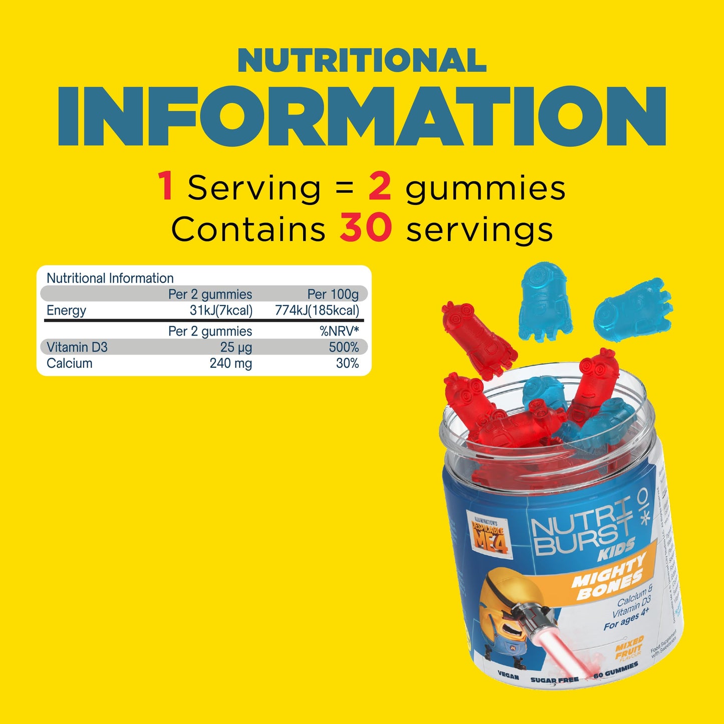 Nutriburst Minions Mighty Bones Vitamins for Kids - Chewable Vitamin D3 + Calcium Gummies for Healthy Bone Development - Vegan + Sugar Free - Fruity Flavour - 60 Gummies