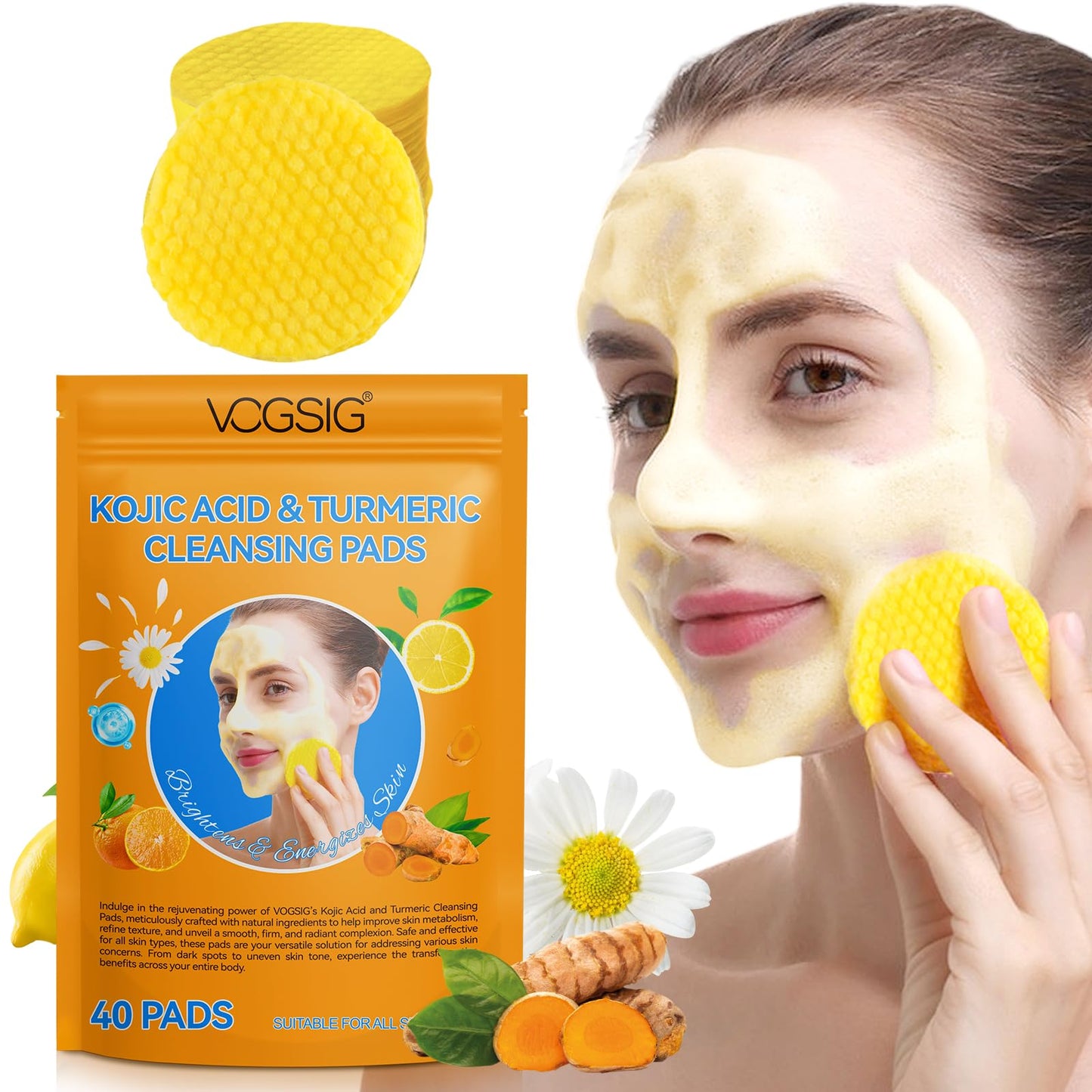 Kojic Acid and Turmeric Pads - 40 Pcs Turmeric Exfoliating Foaming Pads -Kojic Acid Turmeric Cleansing Pads for Face - Water and Oil Blance Turmeric Kojic Pads Gentle & Non-Irritating