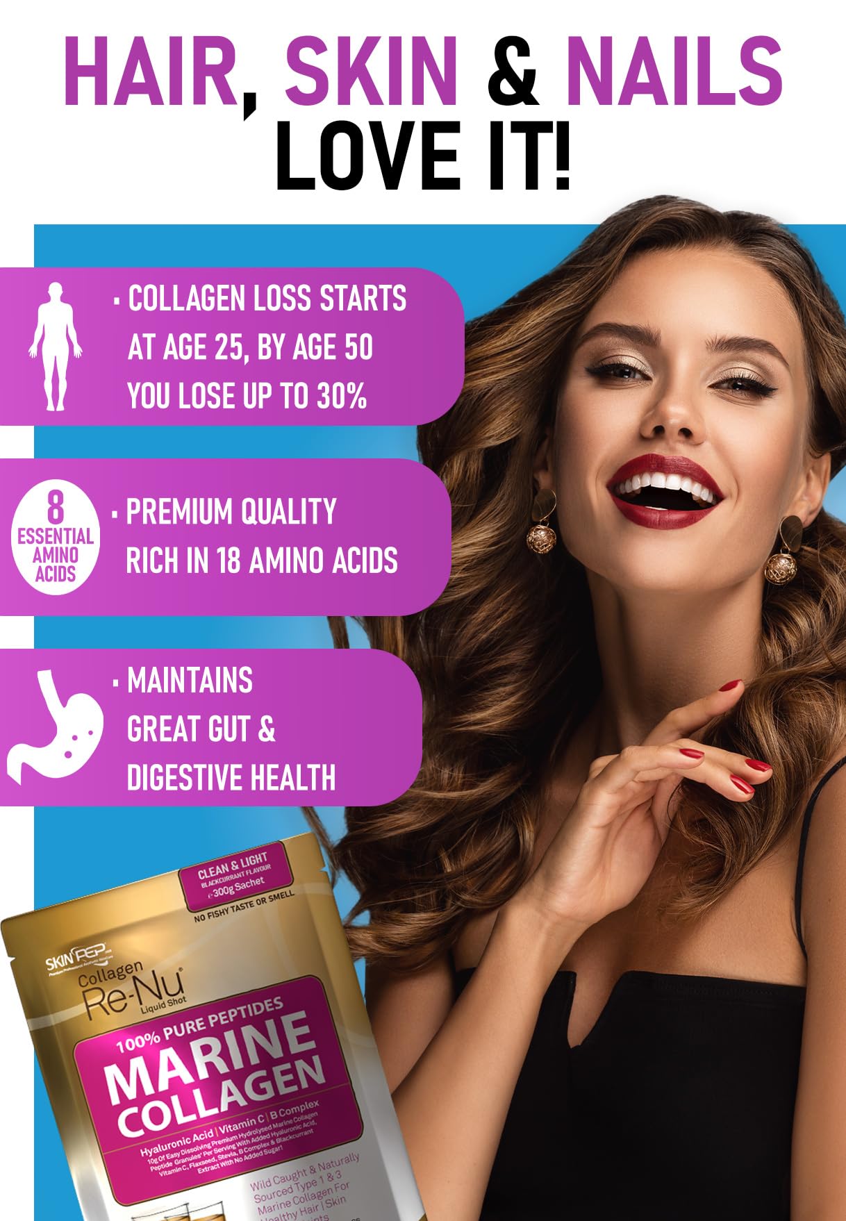 Premium Hydrolysed Marine Collagen Peptide Powder + VIT C, B Complex Hyaluronic Acid, & Stevia. Delicious Taste/No Fishy Smell - SkinPep® Collagen Re-Nu 300g - 30 Days Supply