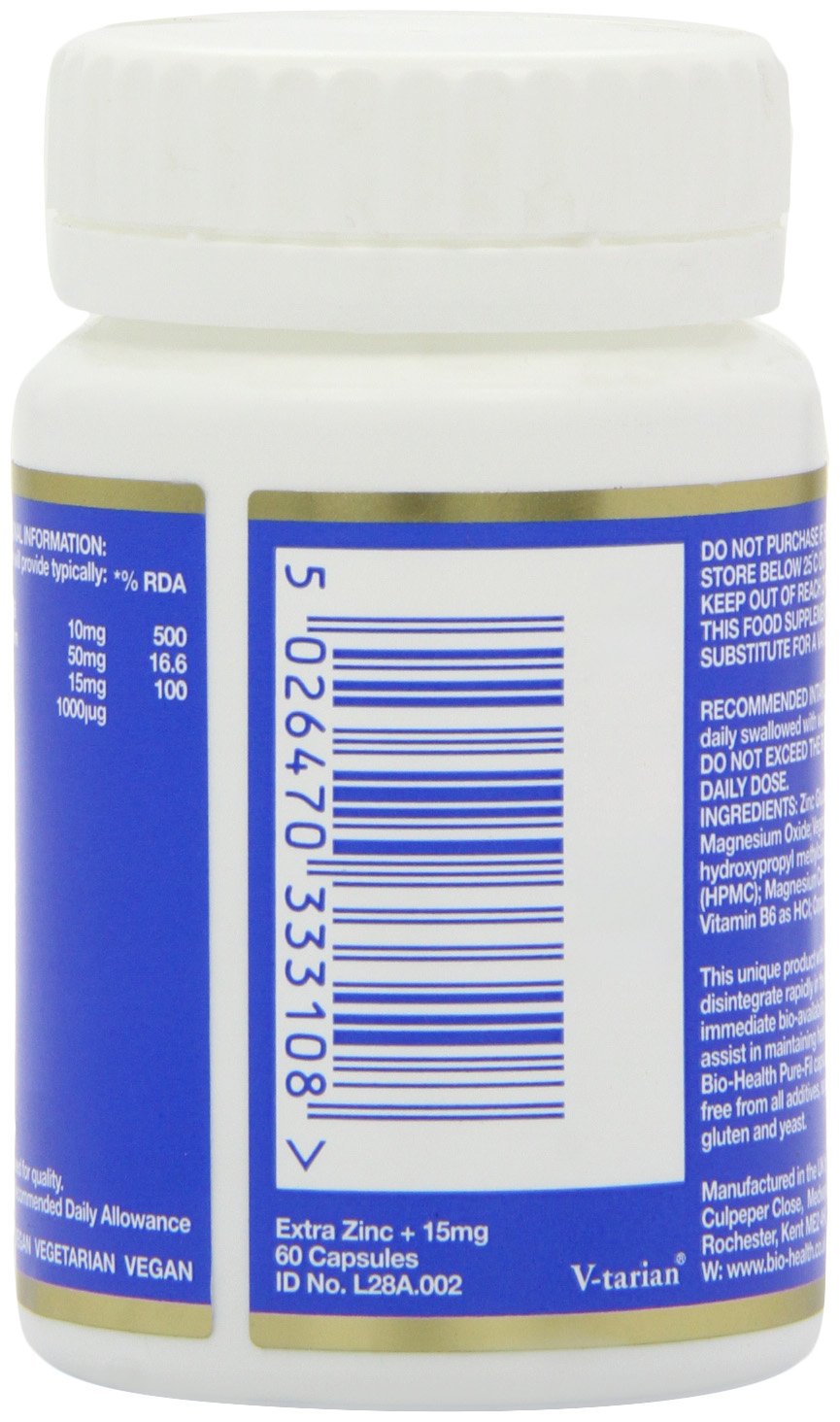 Bio-Health Extra Zinc Food Supplement with Vitamin B6, Magnesium and Copper Supports Normal Function of The Immune System Suitable for Vegetarians and Vegans, 60 Capsules