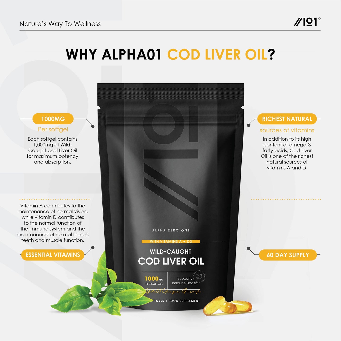 Cod Liver Oil 1000mg – Wild-Caught - Source of Omega-3 Fatty Acids – Rich in Vitamins A + D3 – Immune Health + Vision Support – 2 Months Supply - Non GMO, Gluten Free, Halal – 60 Softgels