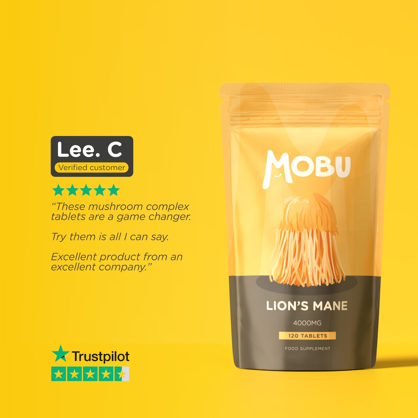 MOBU Lions Mane Supplement 4000mg with Vitamin B1 & Black Pepper, 120 Vegan Tablets - Lion's Mane Mushroom 15:1 Extract, UK Made for Mental Performance & Nervous System