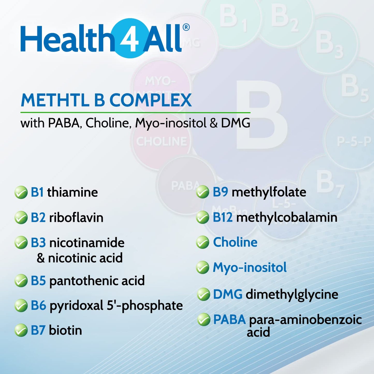Methyl B Complex 60 Capsules (V) (not Tablets) with Methylcobalamin, Methyl Folate, P5P, Choline, Myo-Inositol, DMG and PABA for Stress Support, Energy and methylation. Made in UK by Health4All