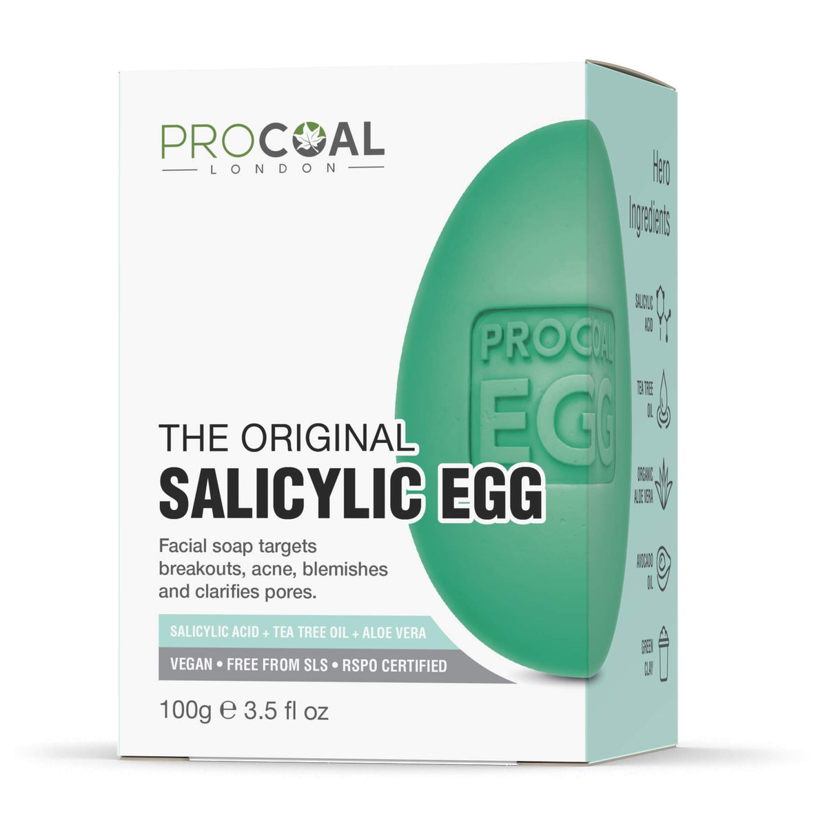 PROCOAL Salicylic Egg, Natural Salicylic Acid Soap 100g by Procoal - Salicylic Acid Face & Body Wash For Combination, Oily, Blemish Prone Complexion, Vegan Face Soap & Cruelty-free