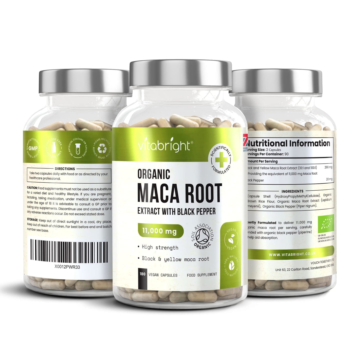 Organic Maca Root Capsules - 11000mg High Strength - 180 Capsules (3 Month Supply) - Premium Quality Black and Yellow Maca Extract - Black Pepper to Boost Absorption - Made in UK by VitaBright