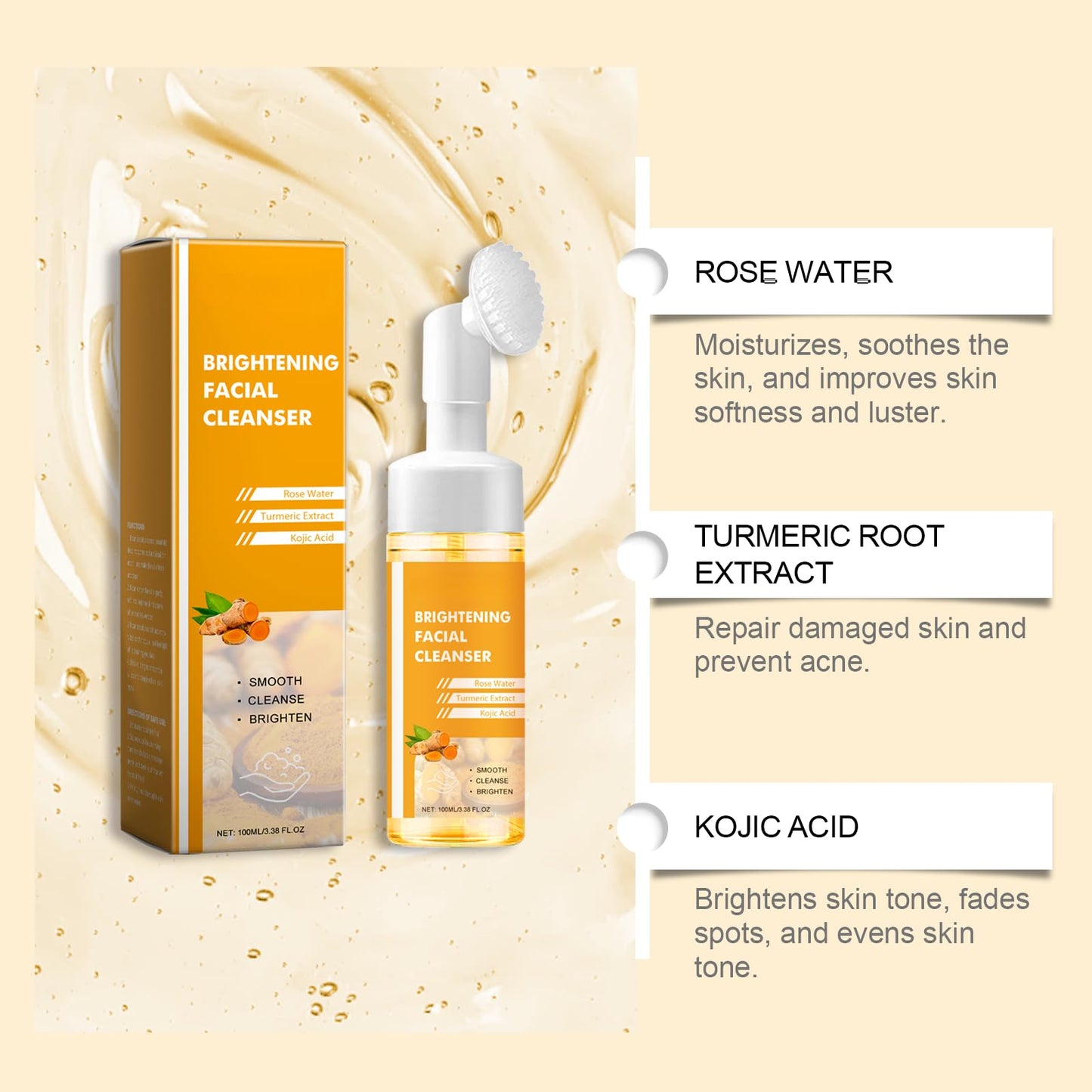 Brightening Face Wash, Turmeric Kojic Acid Foaming Facial Cleanser, Turmeric Face Wash with Brush, Foaming Face Cleanser Women for Skin Tone, Reduce Blemish & Acne, Gentle Cleanser for Hydrate Skin