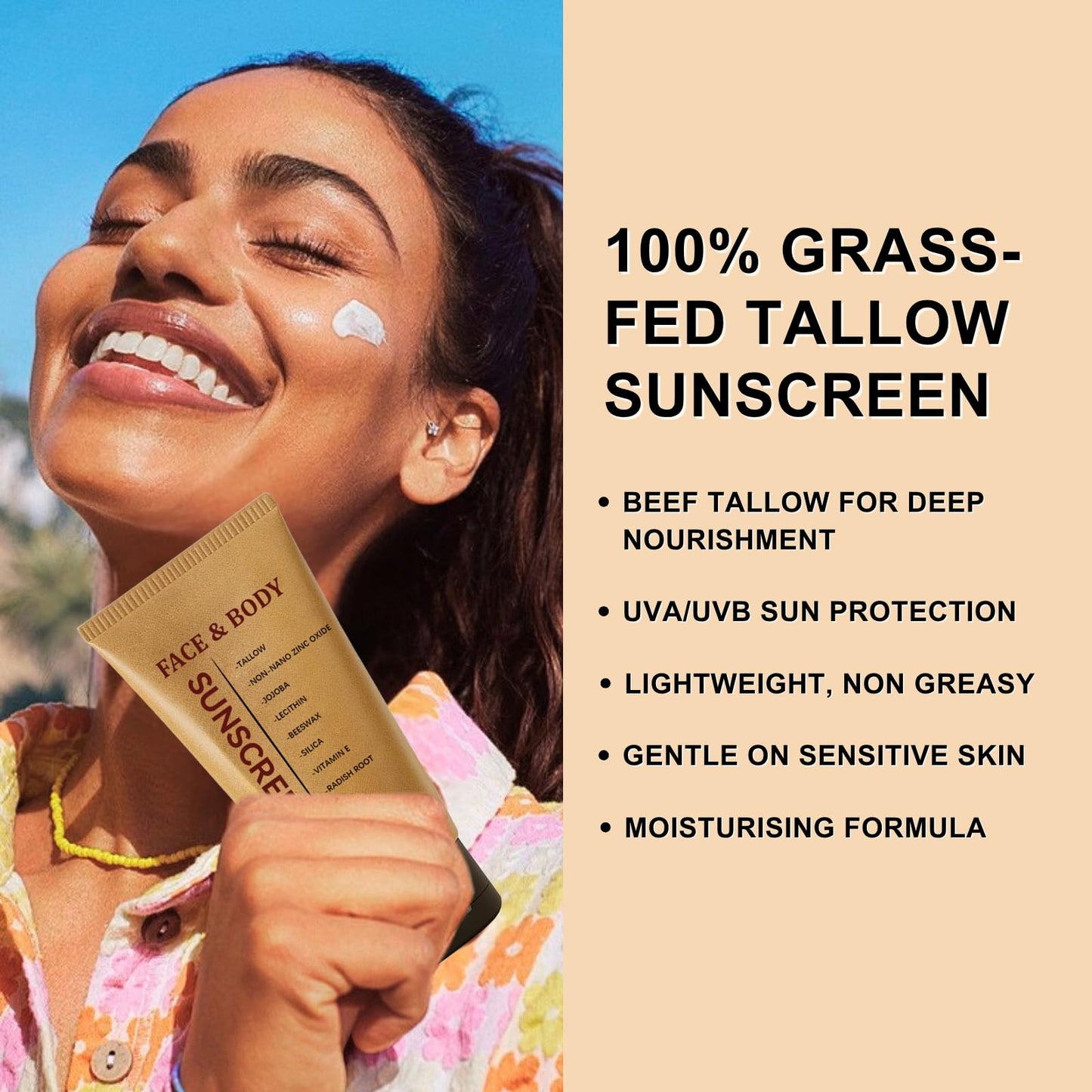 TBeautfave Beef Tallow Sunscreen SPF 50 Face, Beef Tallow Sun Cream SPF 50, Natural Sunscreen for Face & Body, Non Nano Zinc Oxide Sunscreens for All Skin Types, Lightweight, Non Greasy, 85g