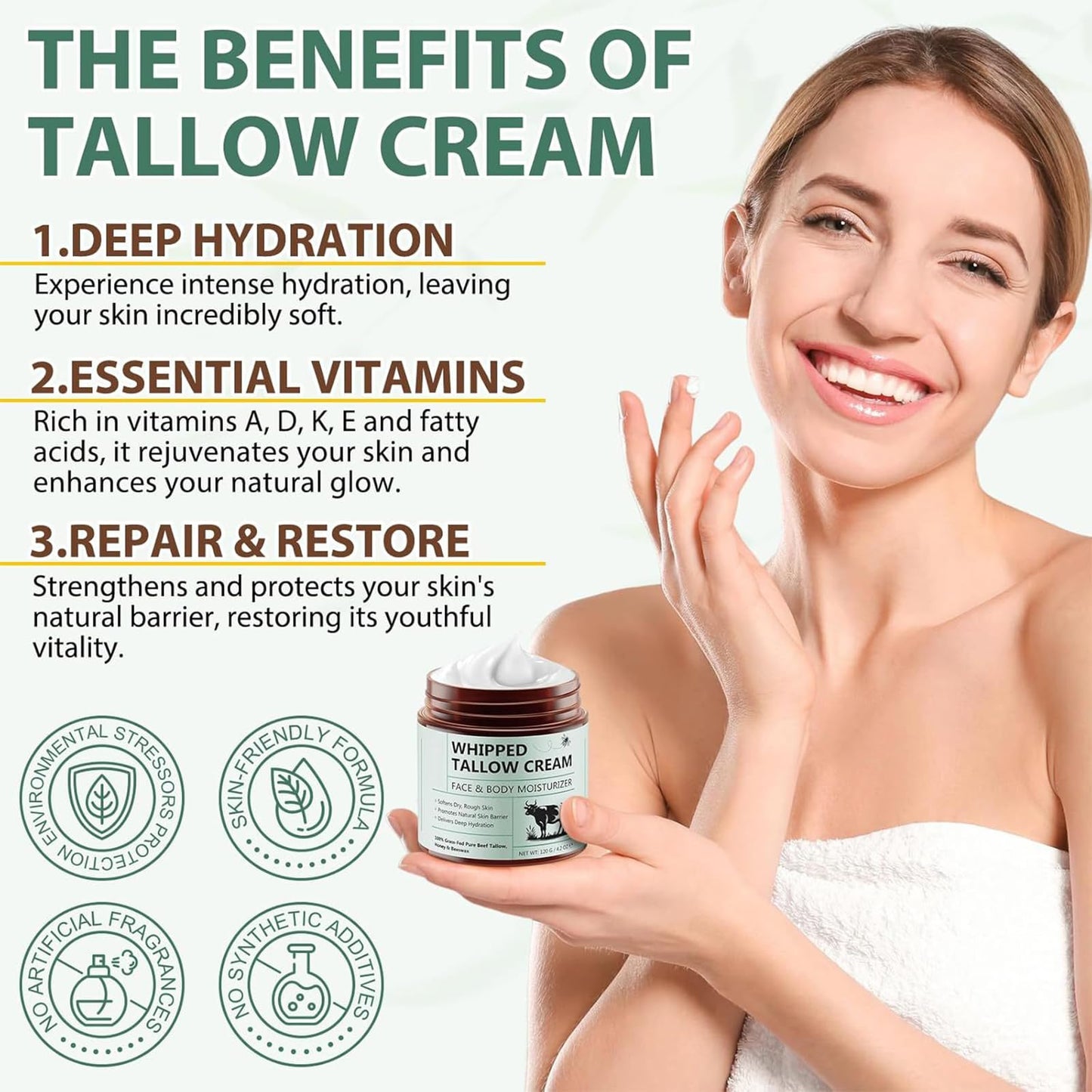 ThamGlow Beef Tallow for Skin Care, Tallow and Honey Balm, Tallow Face Cream, Tallow Face Moisturizer, Organic Grass-Fed Whipped Tallow Balm